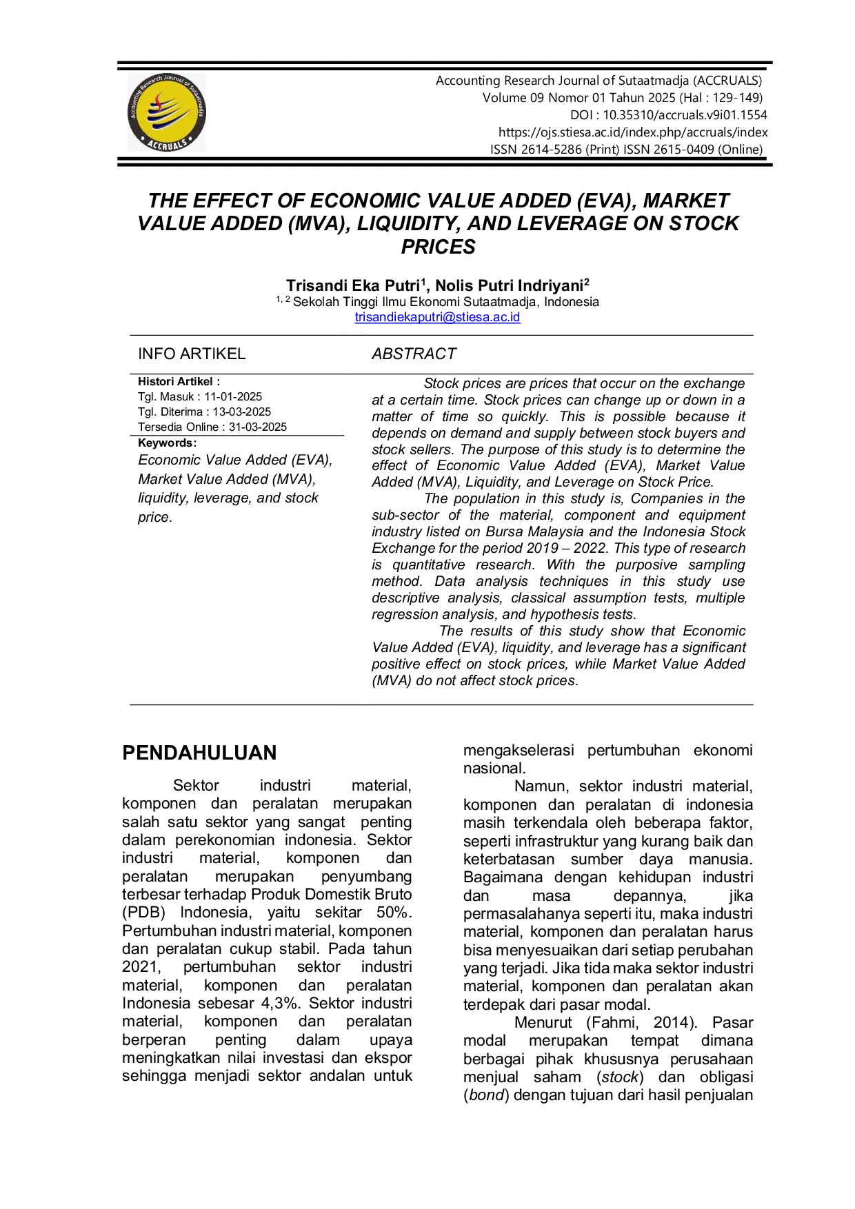 JURIS THE EFFECT OF ECONOMIC VALUE ADDED EVA MARKET VALUE ADDED MVA LIQUIDITY AND LEVERAGE ON STOCK PRICES Array