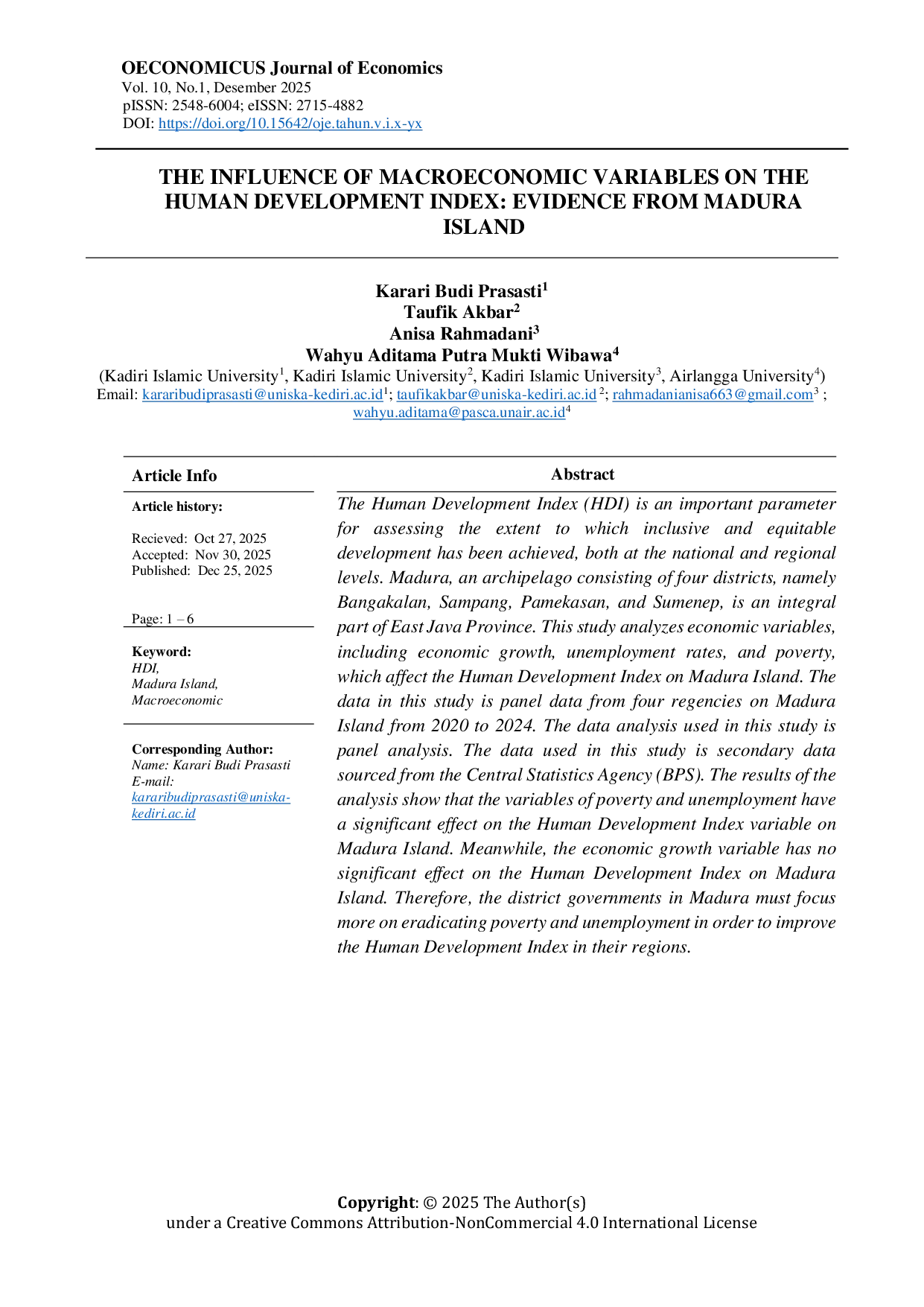 JURIS The Influence Of Macroeconomic Variables On The Human Development Index Evidence From Madura Island