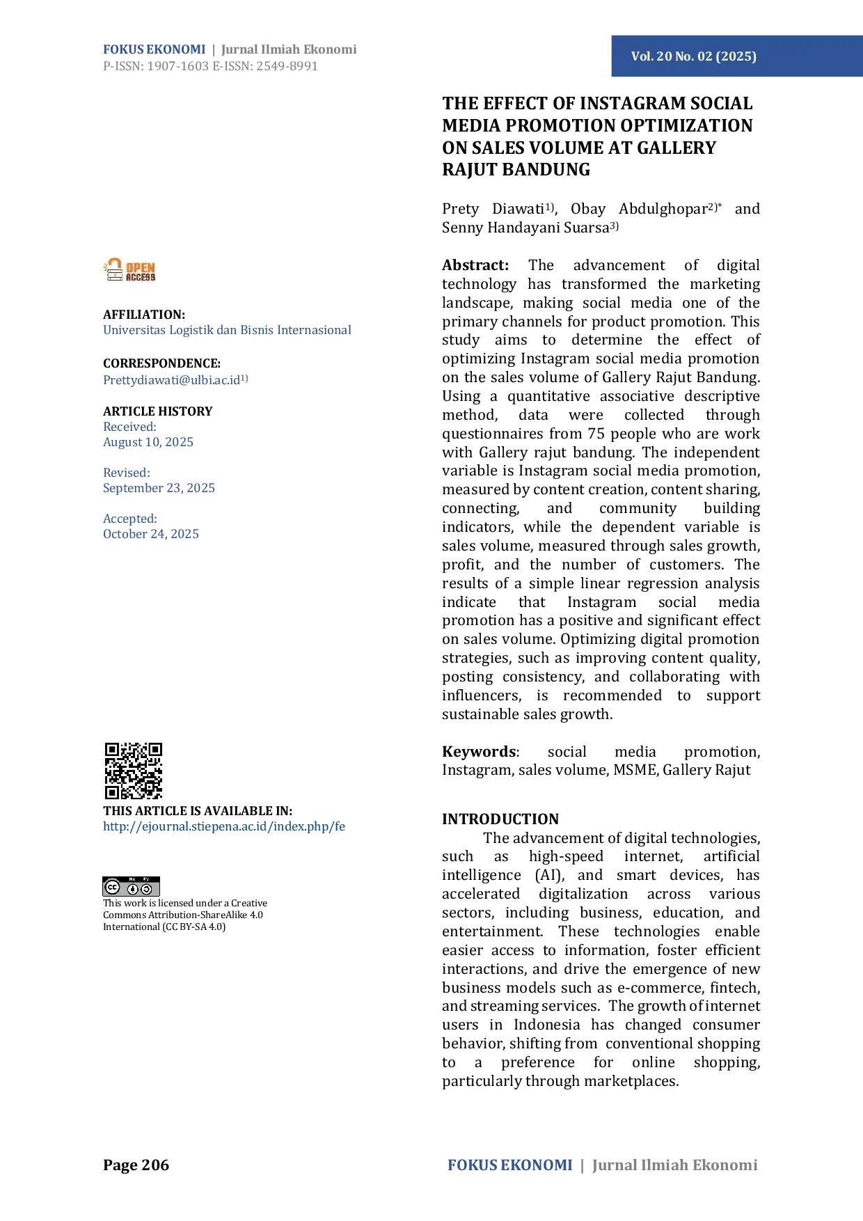JURIS The Effect of Instagram Social Media Promotion Optimization on Sales Volume at Gallery Rajut Bandung
