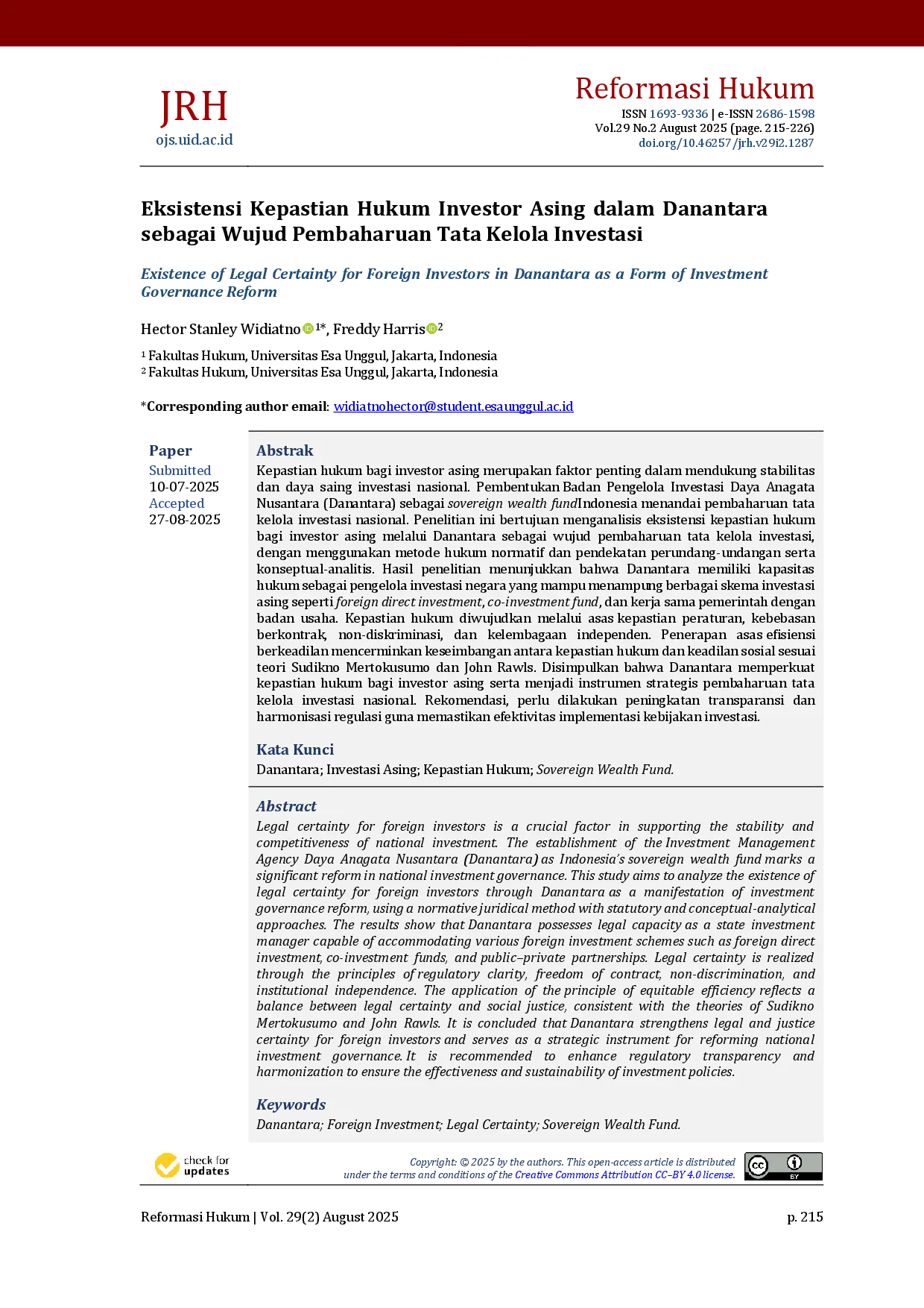 juris Existence of Legal Certainty for Foreign Investors in Danantara as a Form of Investment Governance Reform