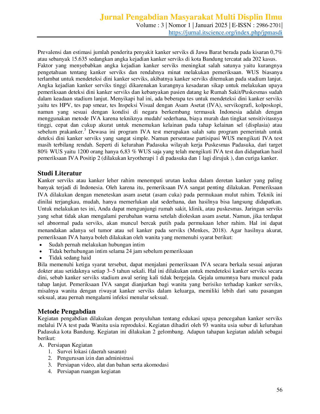 JURIS Edukasi Menggunakan Video Terhadap Minat Wanita Usia Subur WUS Melakukan IVA Test di Puskesmas Padasuka Bandung