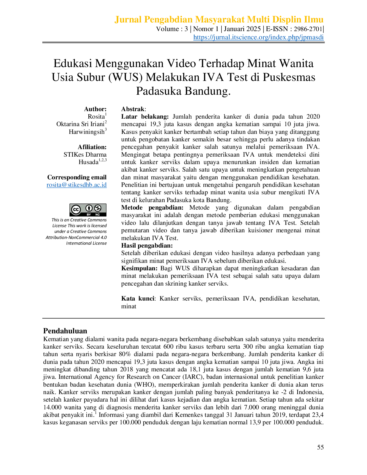 JURIS Edukasi Menggunakan Video Terhadap Minat Wanita Usia Subur WUS Melakukan IVA Test di Puskesmas Padasuka Bandung