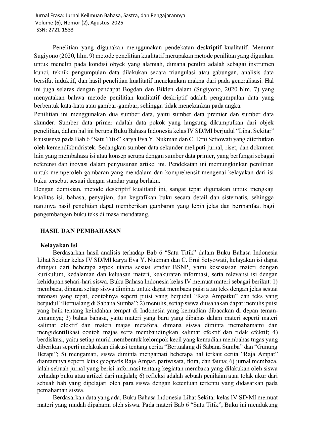 JURIS Analisis Kelayakan Isi Buku Siswa Kelas IV SD MI Bab 6 Satu Titik Berdasarkan Standar BSNP