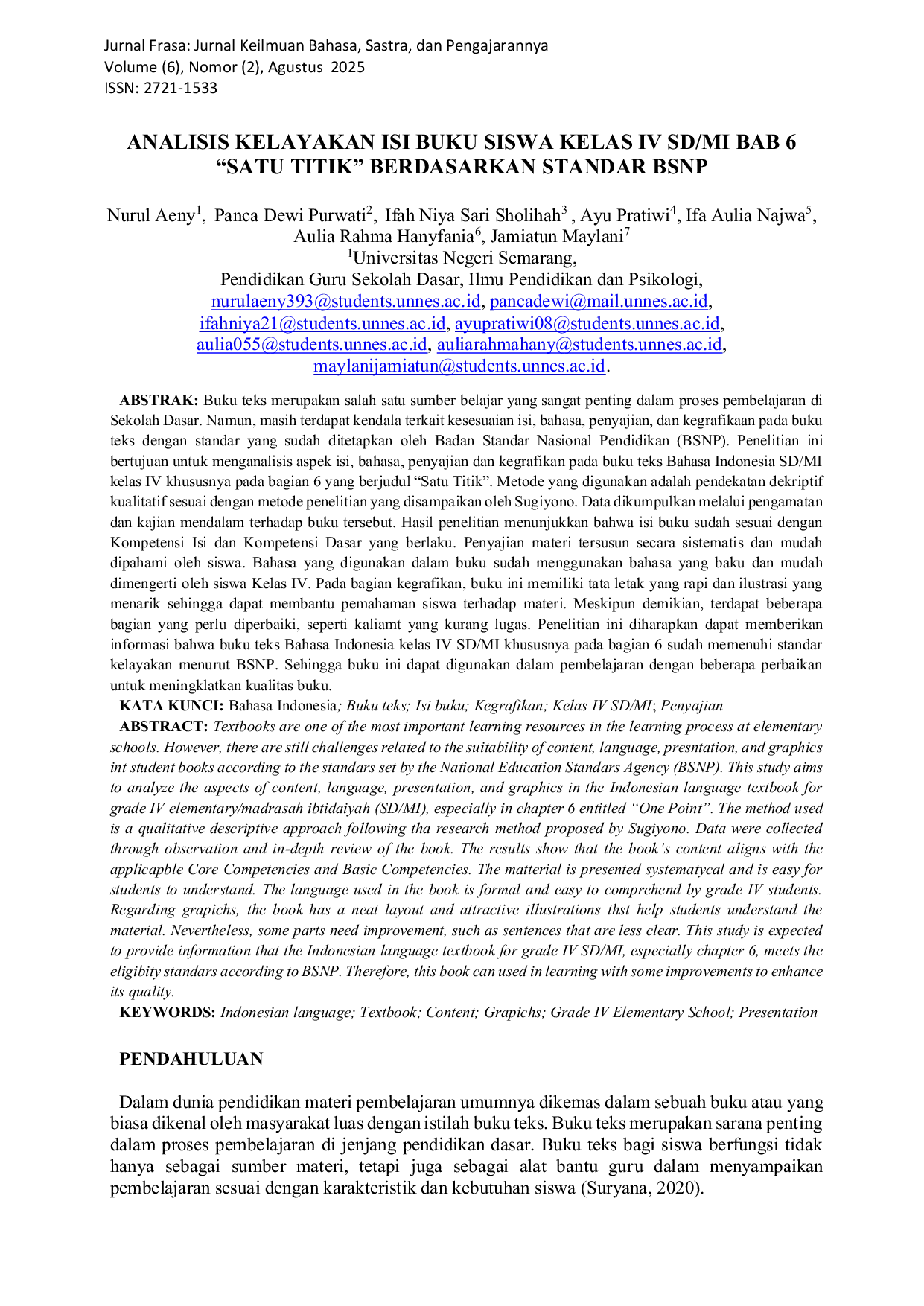 JURIS Analisis Kelayakan Isi Buku Siswa Kelas IV SD MI Bab 6 Satu Titik Berdasarkan Standar BSNP