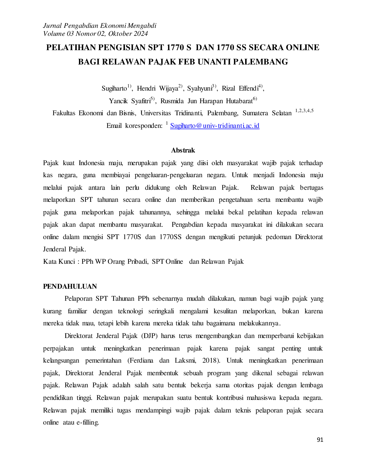 JURIS Pelatihan Pengisian SPT 1770 S dan 1770 SS Secara Online Bagi Relawan Pajak FEB UNANTI Palembang