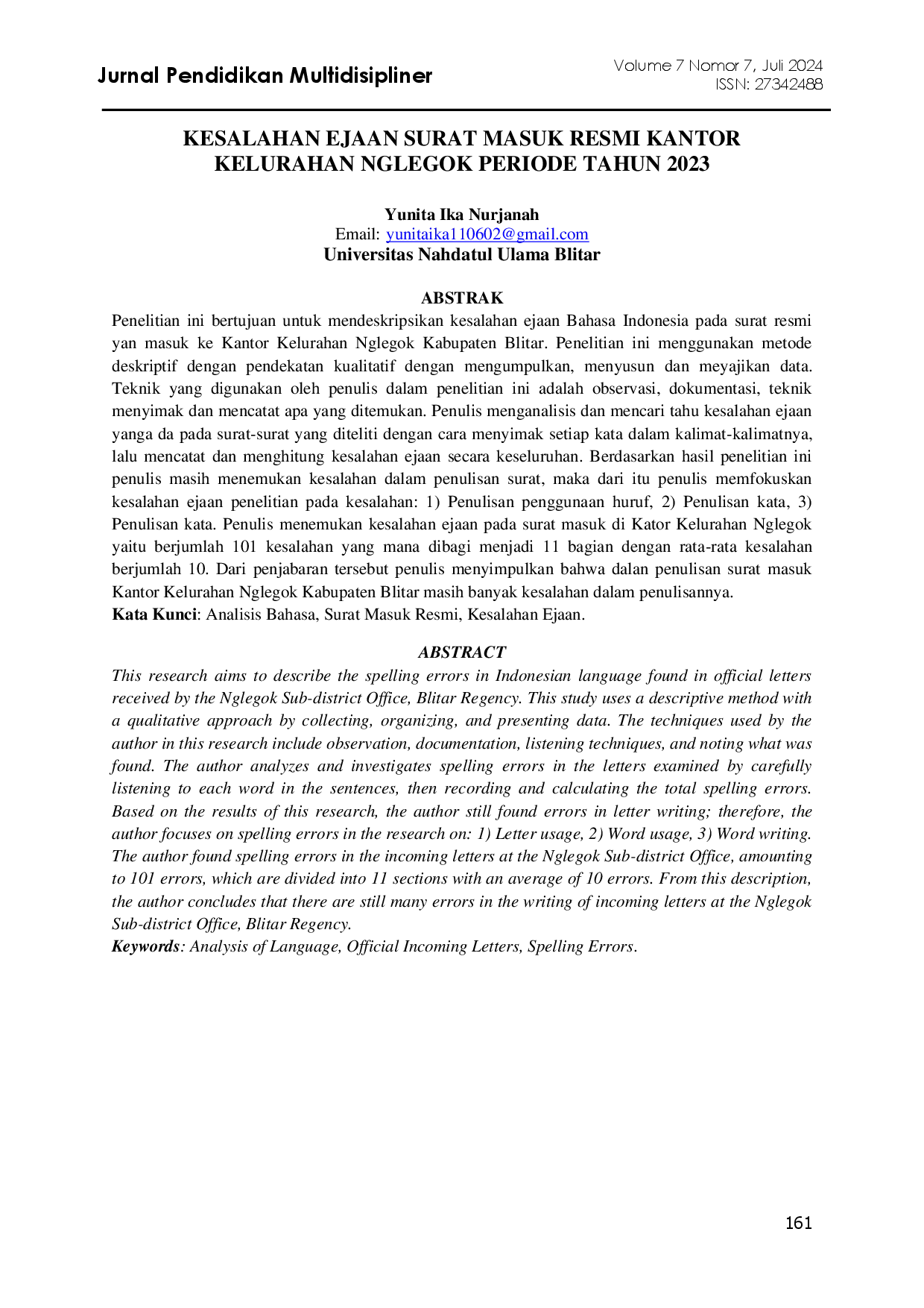 juris Kesalahan Ejaan Surat Masuk Resmi Kantor Kelurahan Nglegok Periode Tahun 2023