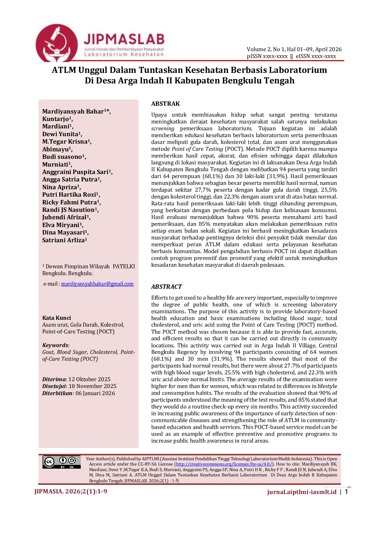JURIS ATLM Unggul Dalam Tuntaskan Kesehatan Berbasis Laboratorium Di Desa Arga Indah II Kabupaten Bengkulu Tengah