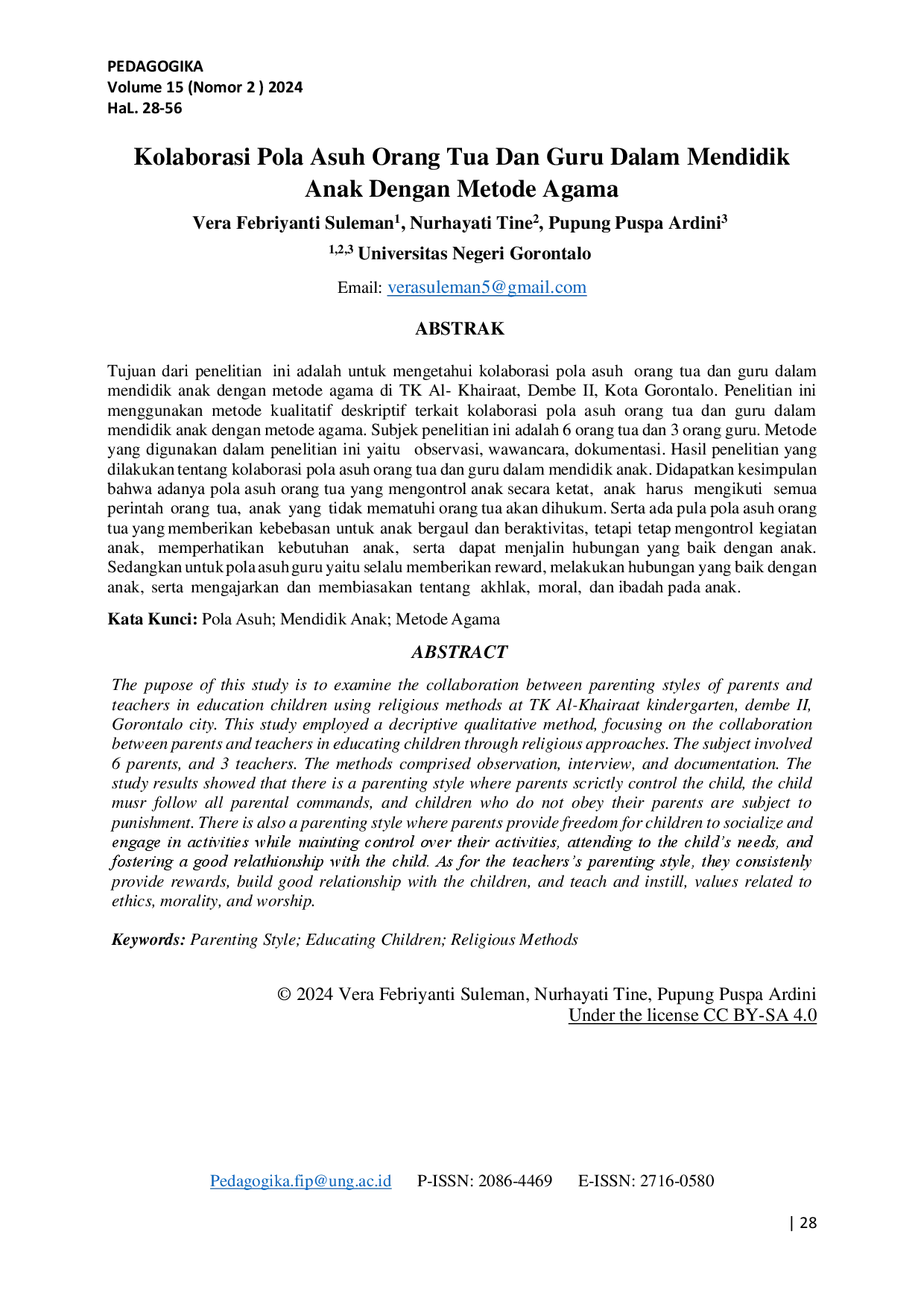 juris Kolaborasi Pola Asuh Orang Tua dan Guru Dalam Mendidik Anak Dengan Metode Agama