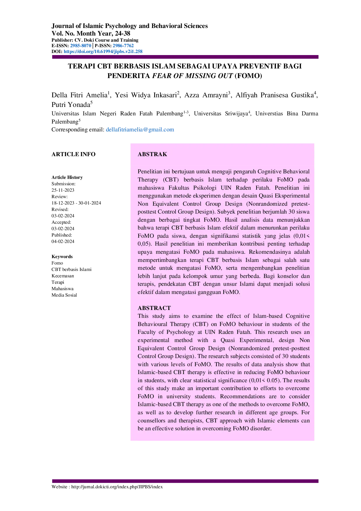 JURIS TERAPI CBT BERBASIS ISLAM SEBAGAI UPAYA PREVENTIF BAGI PENDERITA FEAR OF MISSING OUT FOMO