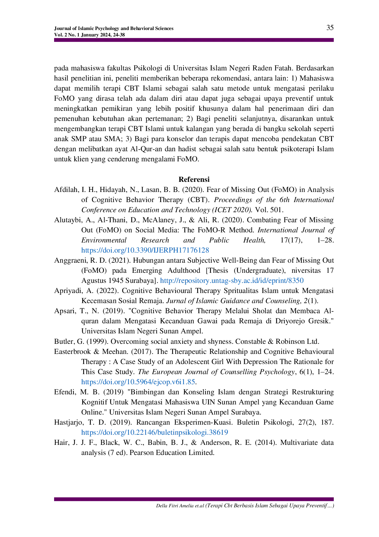 JURIS TERAPI CBT BERBASIS ISLAM SEBAGAI UPAYA PREVENTIF BAGI PENDERITA FEAR OF MISSING OUT FOMO