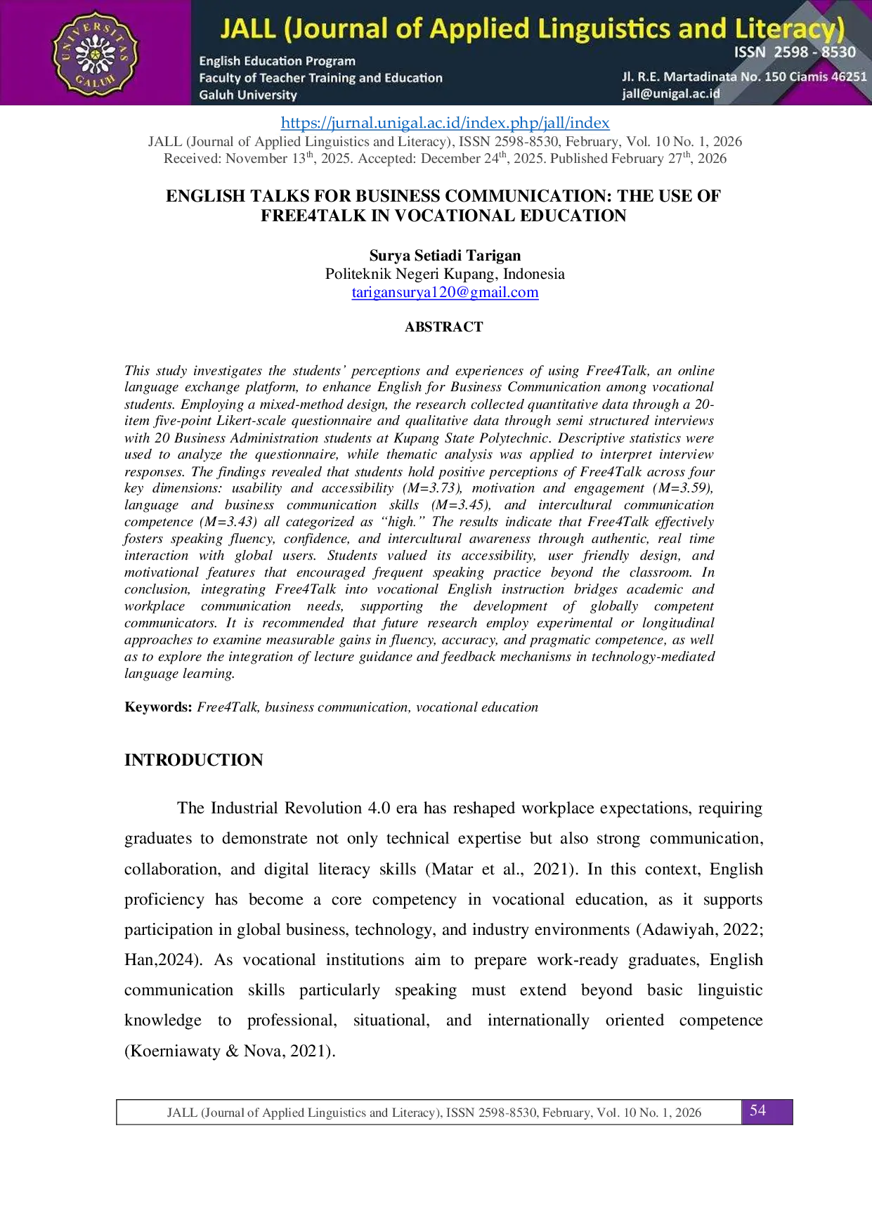 JURIS English Talks for Business Communication The Use of Free4talk in Vocational Education