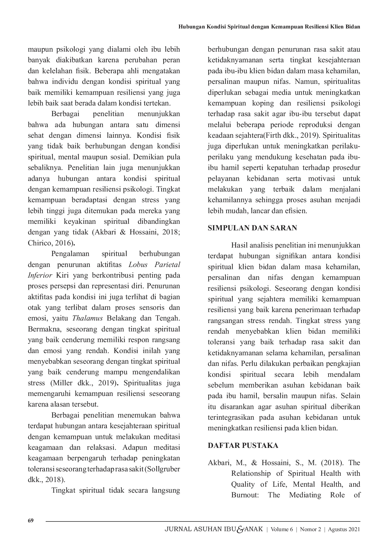 JURIS Hubungan Kondisi Spiritual dengan Kemampuan Resiliensi Klien Bidan