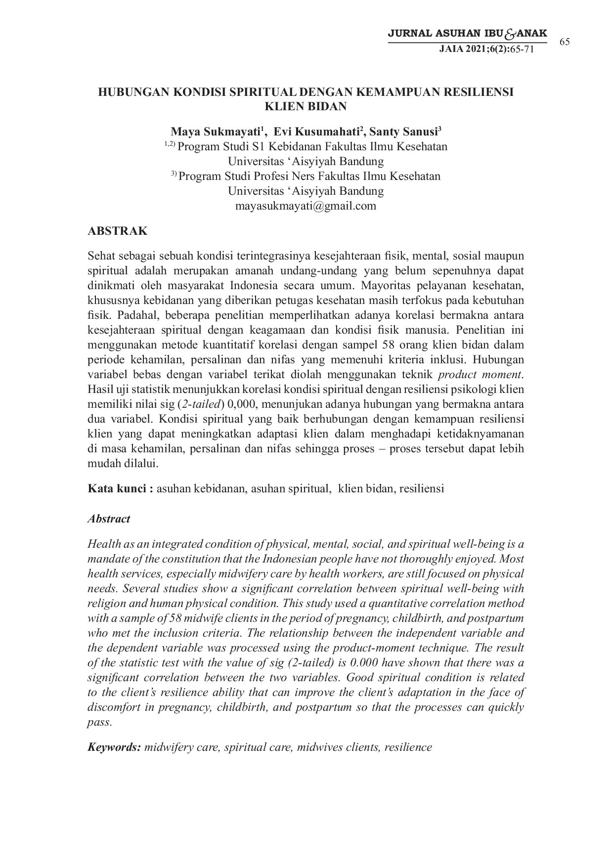JURIS Hubungan Kondisi Spiritual dengan Kemampuan Resiliensi Klien Bidan