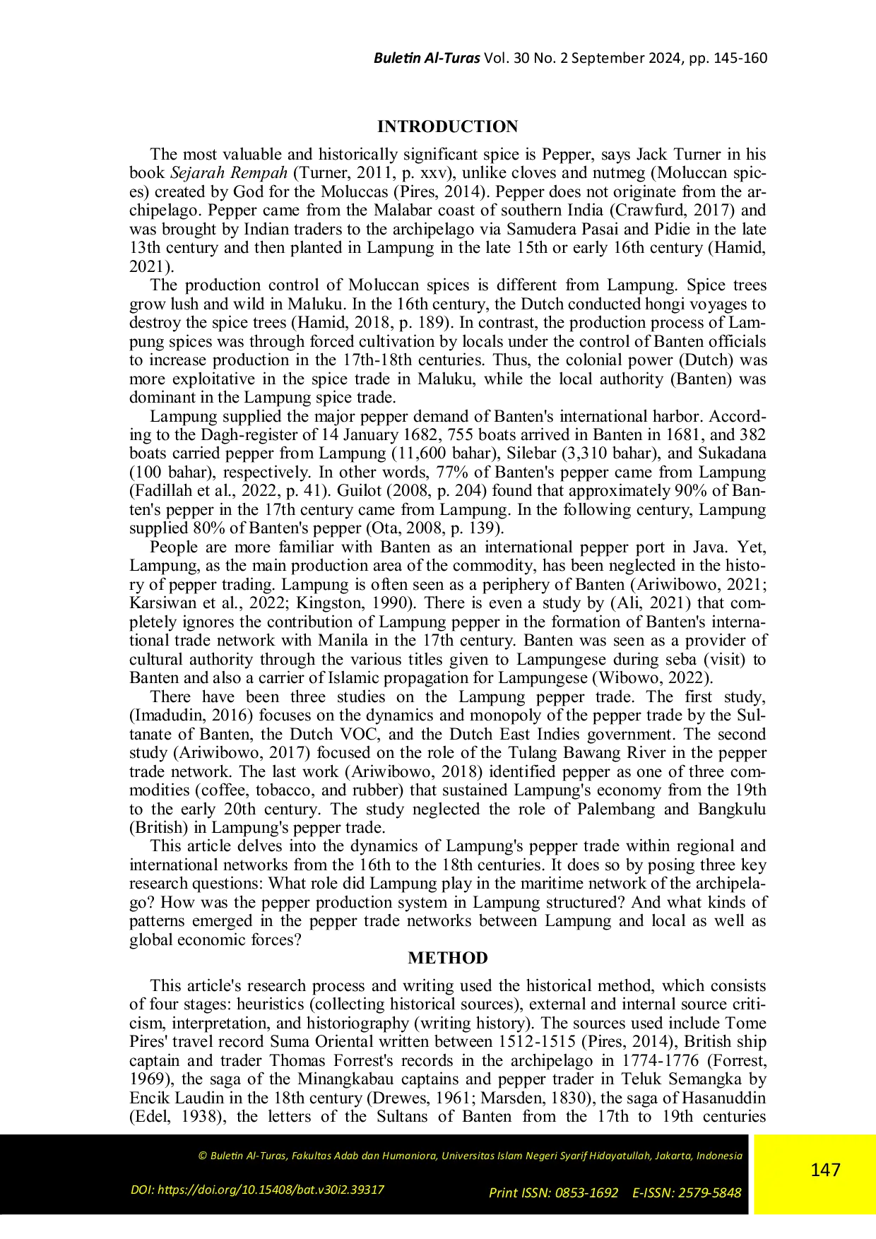 JURIS The Dynamics of Lampung Pepper Trade Network in 16th 18th Century
