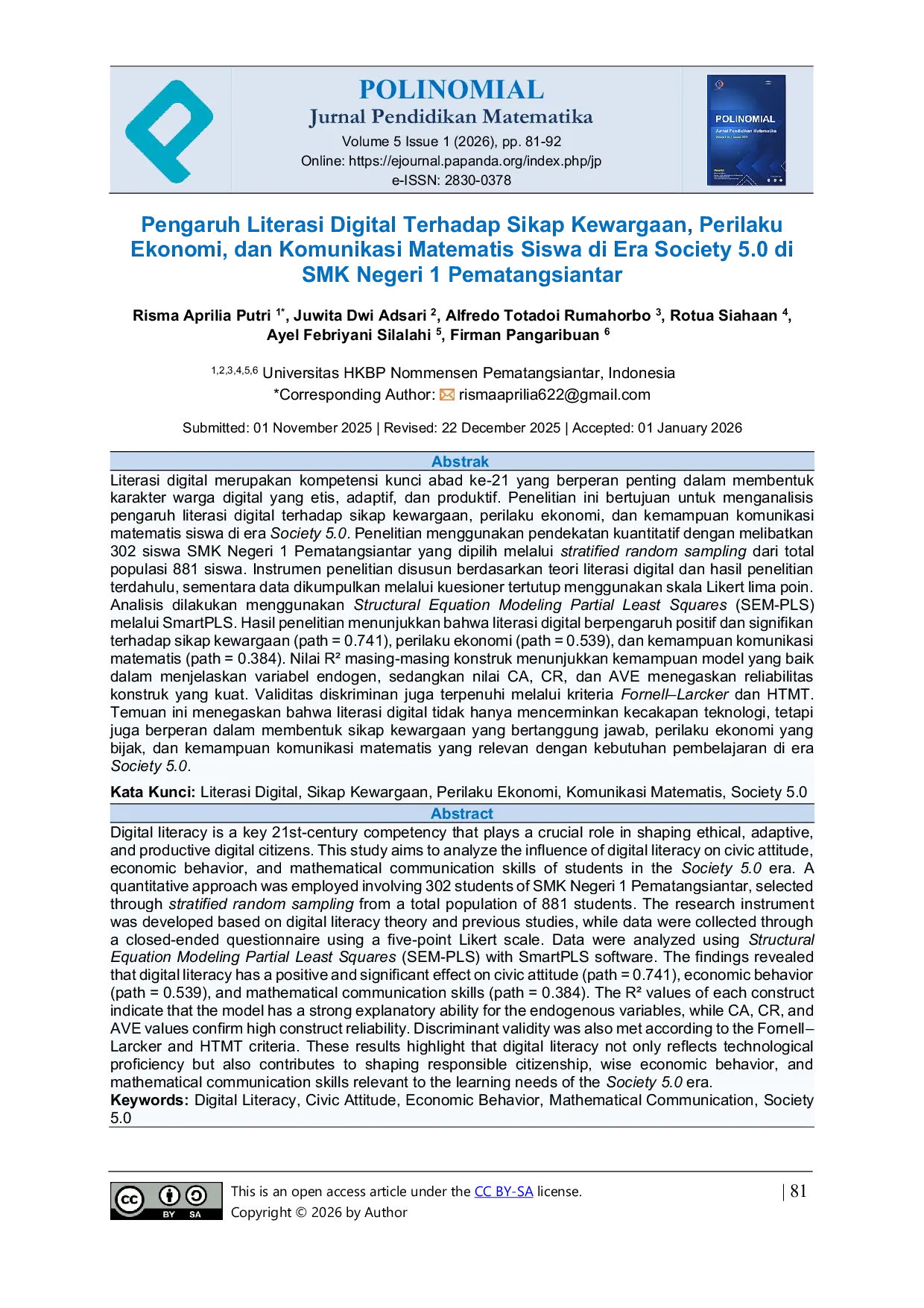 JURIS Pengaruh Literasi Digital Terhadap Sikap Kewargaan Perilaku Ekonomi dan Komunikasi Matematis Siswa di Era Society 5 0 di SMK Negeri 1 Pematangsiantar