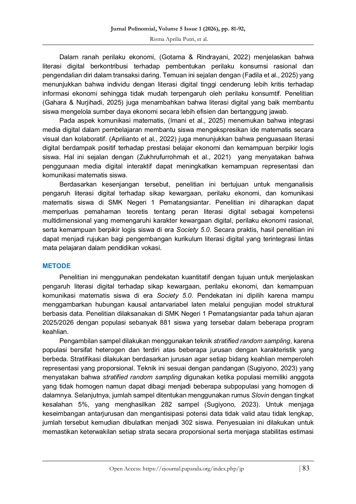 JURIS Pengaruh Literasi Digital Terhadap Sikap Kewargaan Perilaku Ekonomi dan Komunikasi Matematis Siswa di Era Society 5 0 di SMK Negeri 1 Pematangsiantar