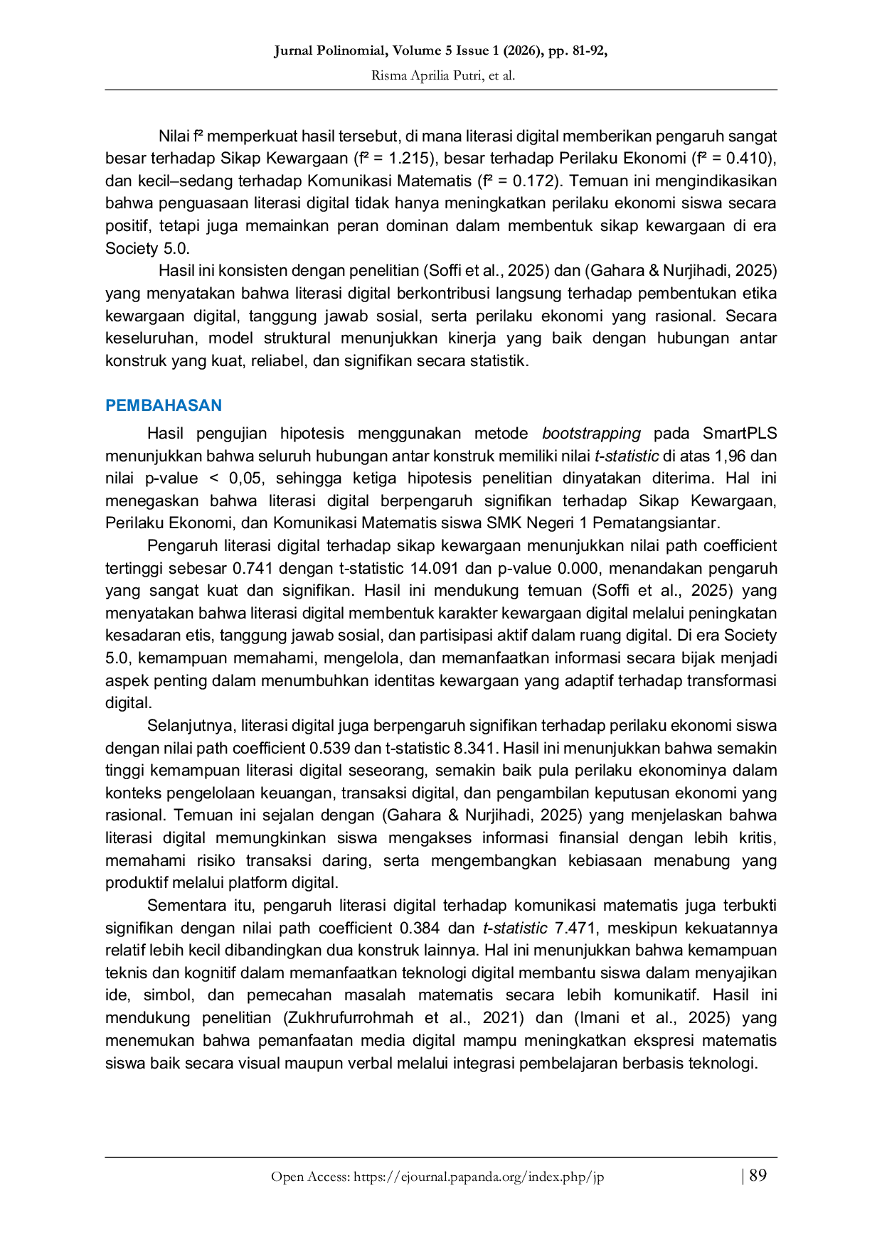 JURIS Pengaruh Literasi Digital Terhadap Sikap Kewargaan Perilaku Ekonomi dan Komunikasi Matematis Siswa di Era Society 5 0 di SMK Negeri 1 Pematangsiantar