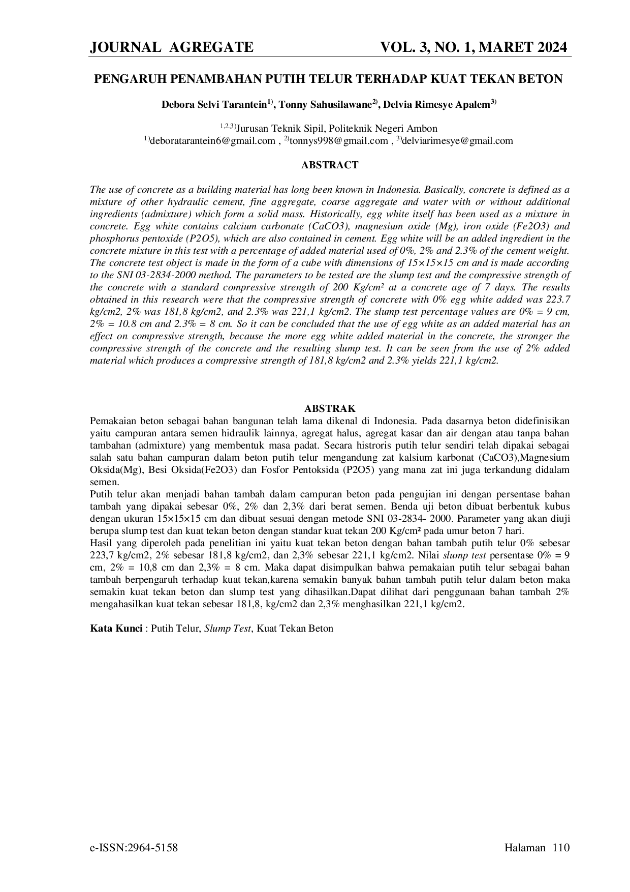JURIS Pengaruh Penambahan Putih Telur Terhadap Kuat Tekan Beton