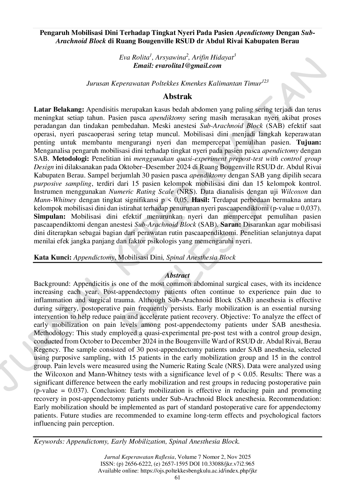 JURIS Pengaruh Mobilisasi Dini Terhadap Tingkat Nyeri Pada Pasien Apendictomy Dengan Sub Arachnoid Block di Ruang Bougenville RSUD dr Abdul Rivai Kabupaten Berau