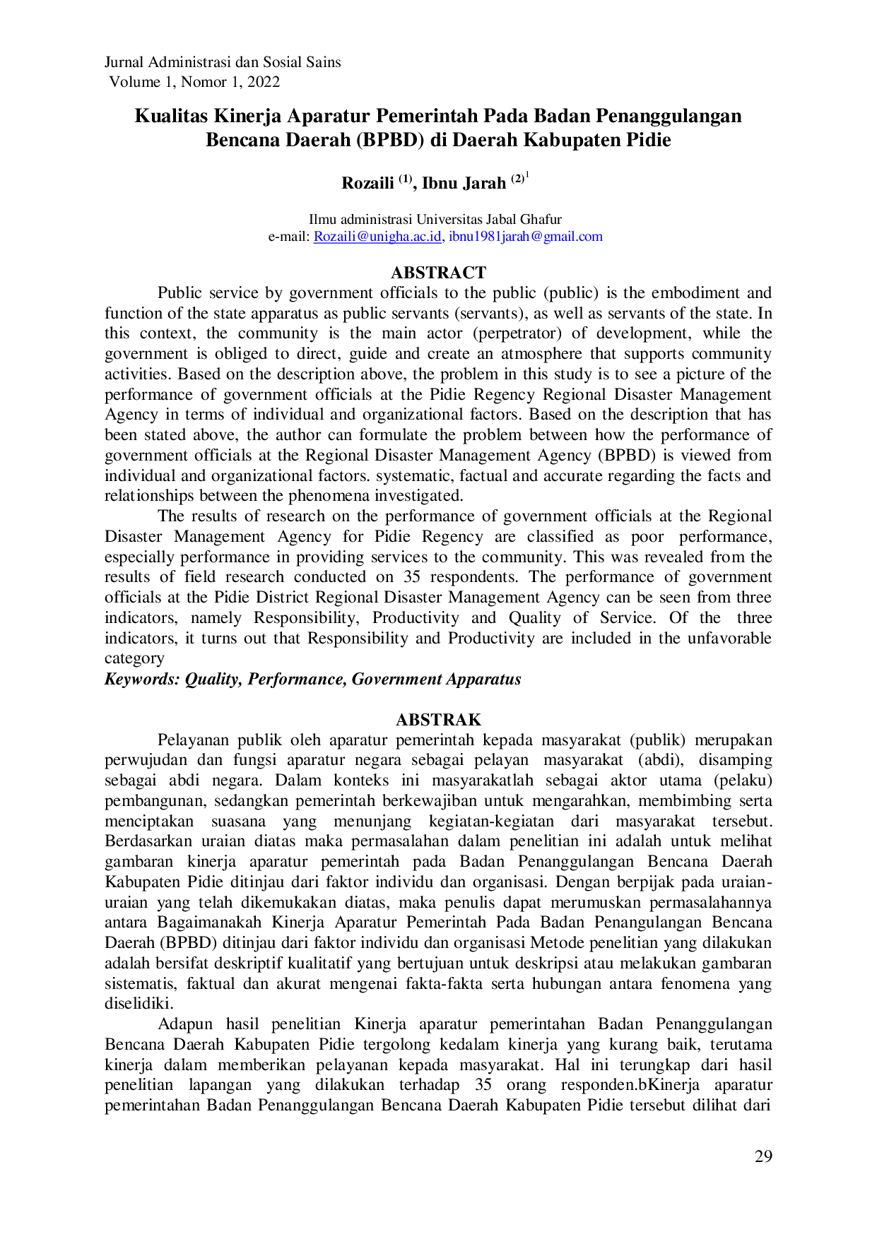 juris Kualitas Kinerja Aparatur Pemerintah Pada Badan Penanggulangan Bencana Daerah BPBD di Daerah Kabupaten Pidie
