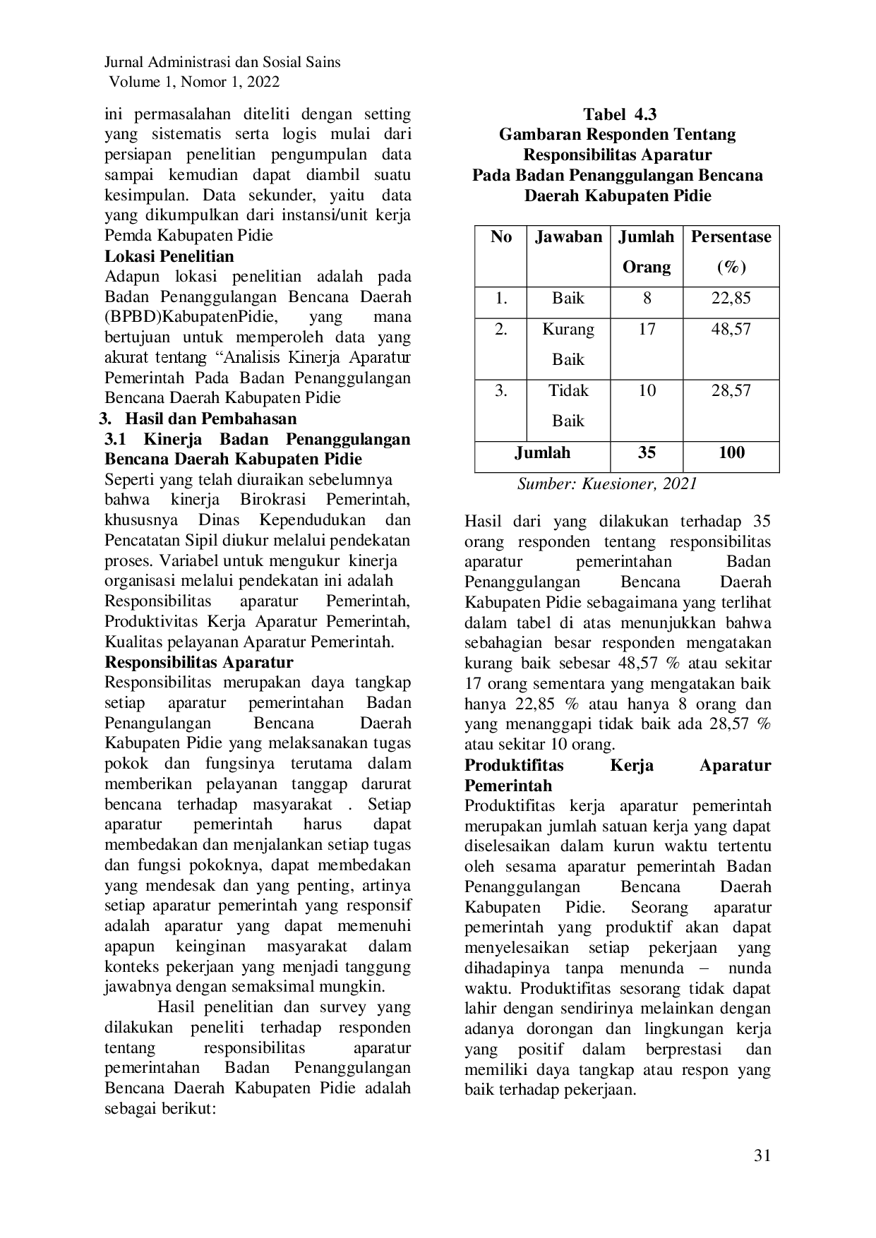 juris Kualitas Kinerja Aparatur Pemerintah Pada Badan Penanggulangan Bencana Daerah BPBD di Daerah Kabupaten Pidie