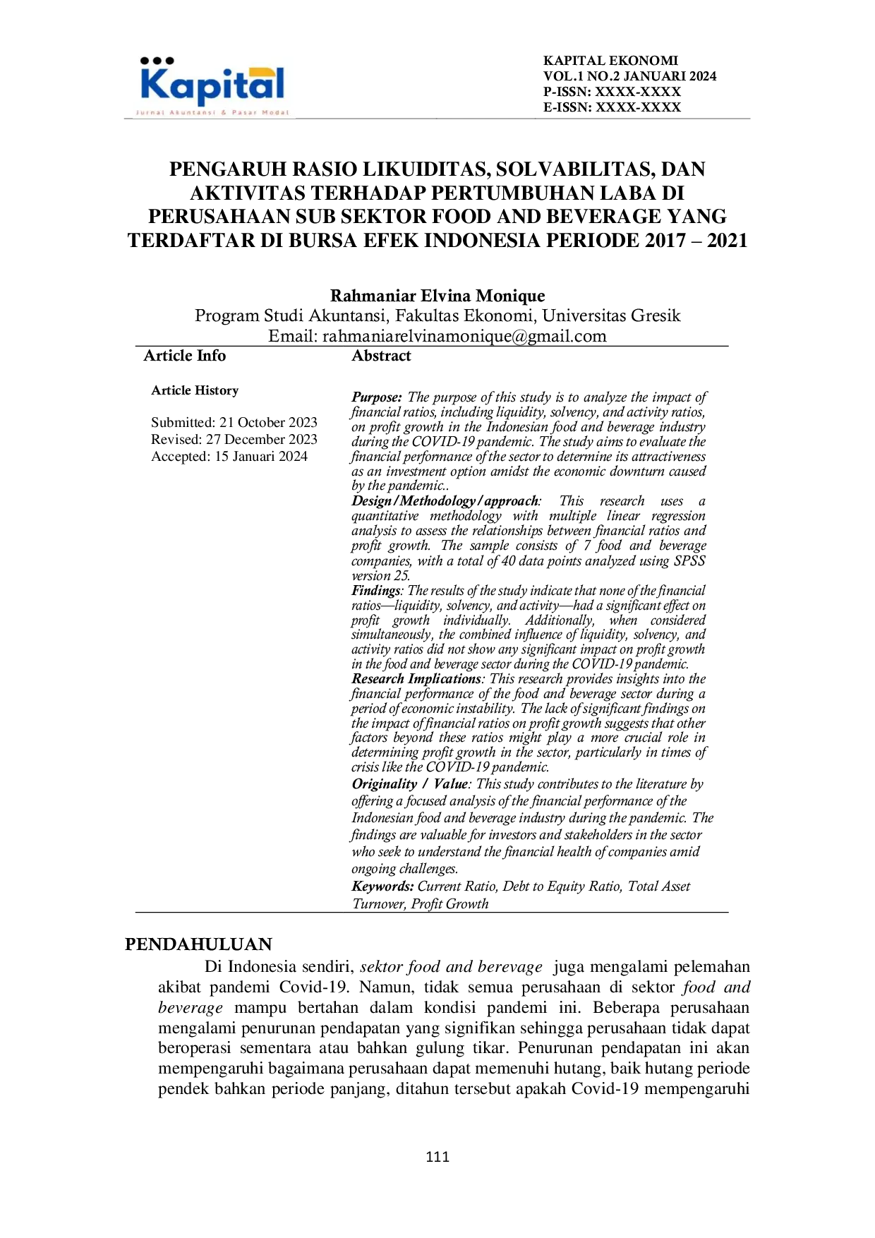JURIS Pengaruh Rasio Likuiditas Solvabilitas Dan Aktivitas Terhadap Pertumbuhan Laba Di Perusahaan Sub Sektor Food And Beverage Yang Terdaftar Di Bursa Efek Indonesia Periode 2017 2021