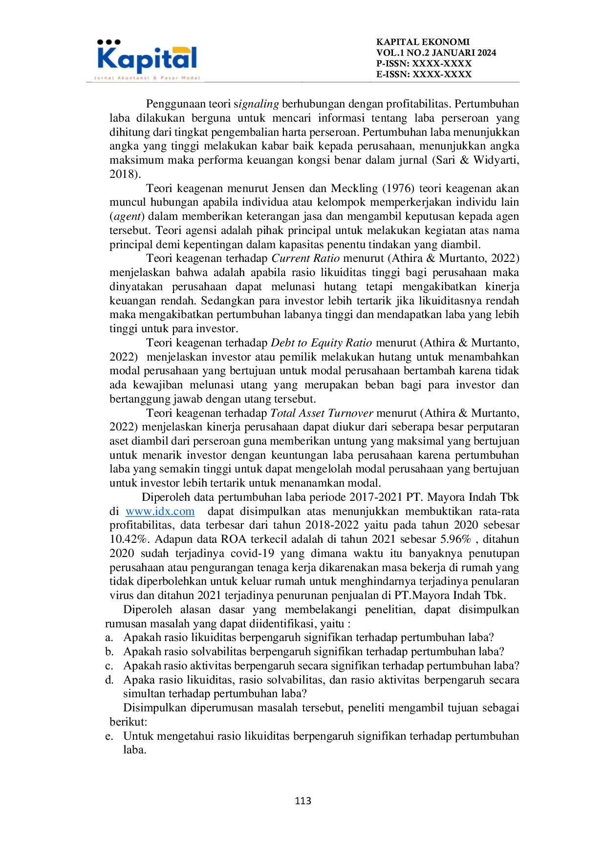 JURIS Pengaruh Rasio Likuiditas Solvabilitas Dan Aktivitas Terhadap Pertumbuhan Laba Di Perusahaan Sub Sektor Food And Beverage Yang Terdaftar Di Bursa Efek Indonesia Periode 2017 2021