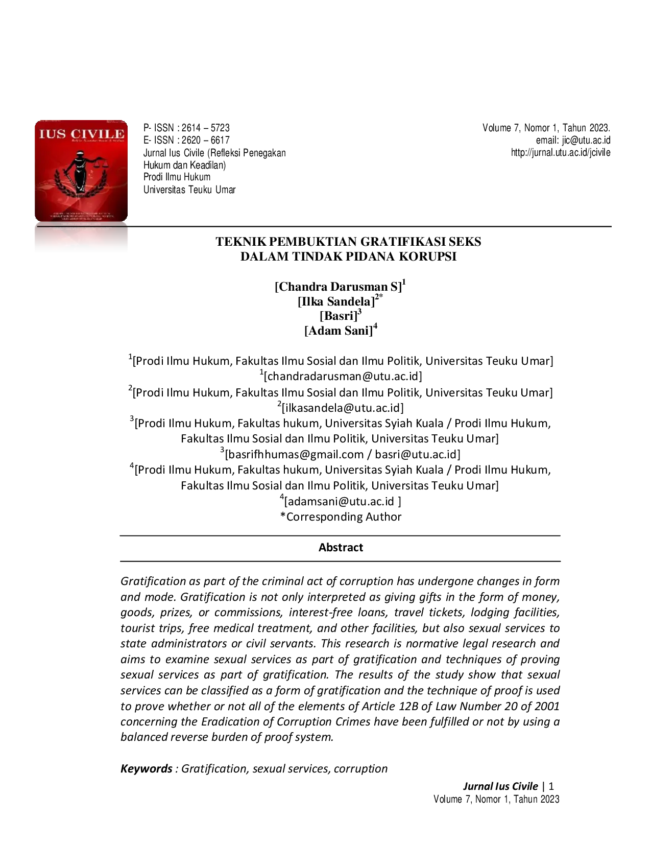 JURIS Teknik Pembuktian Gratifikasi Seks dalam Tindak Pidana Korupsi