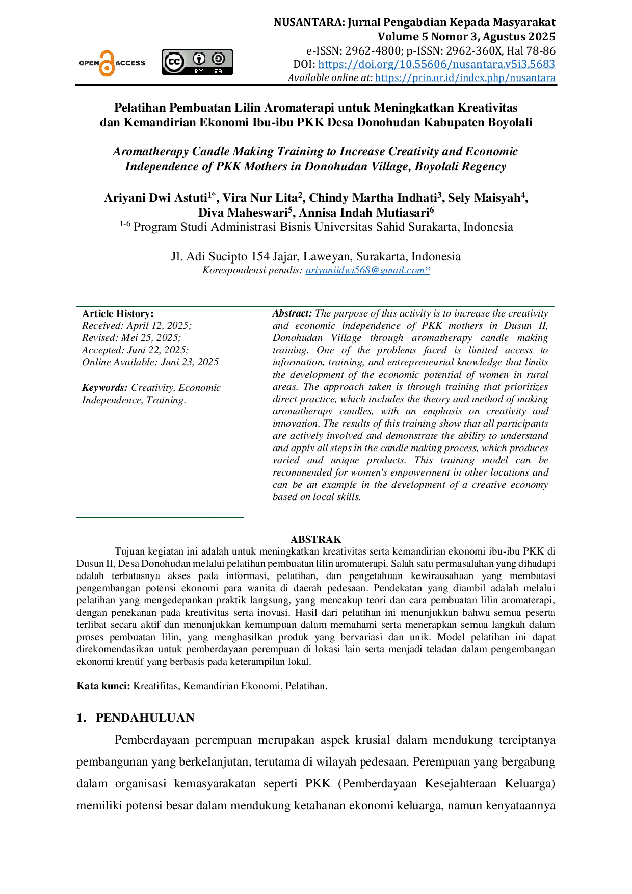 JURIS Pelatihan Pembuatan Lilin Aromaterapi untuk Meningkatkan Kreativitas dan Kemandirian Ekonomi Ibu ibu PKK Desa Donohudan Kabupaten Boyolali