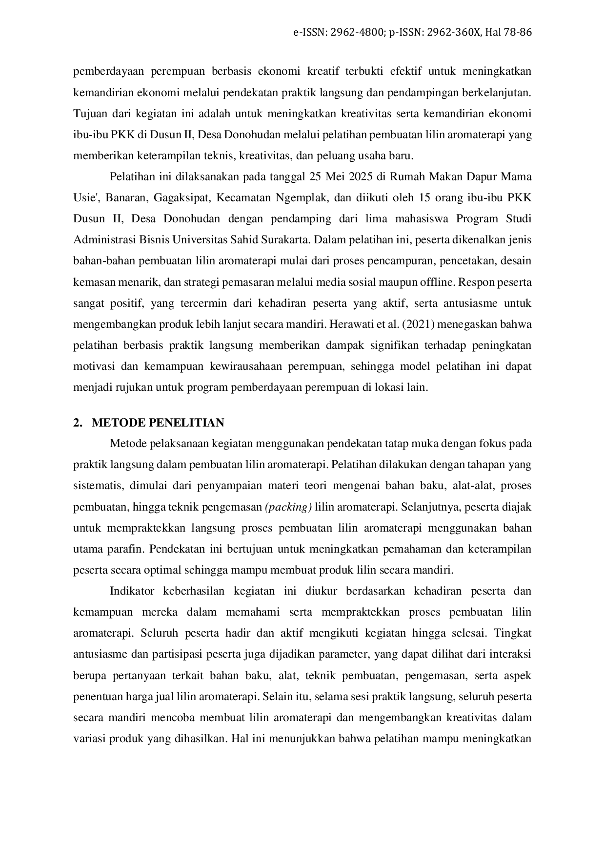 JURIS Pelatihan Pembuatan Lilin Aromaterapi untuk Meningkatkan Kreativitas dan Kemandirian Ekonomi Ibu ibu PKK Desa Donohudan Kabupaten Boyolali