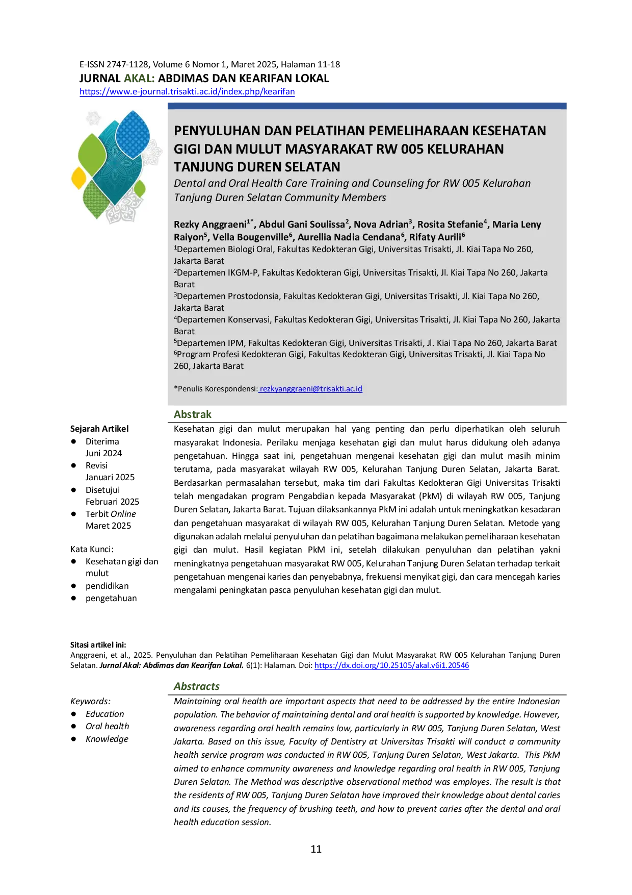 JURIS Penyuluhan dan Pelatihan Pemeliharaan Kesehatan Gigi dan Mulut Masyarakat RW 005 Kelurahan Tanjung Duren Selatan