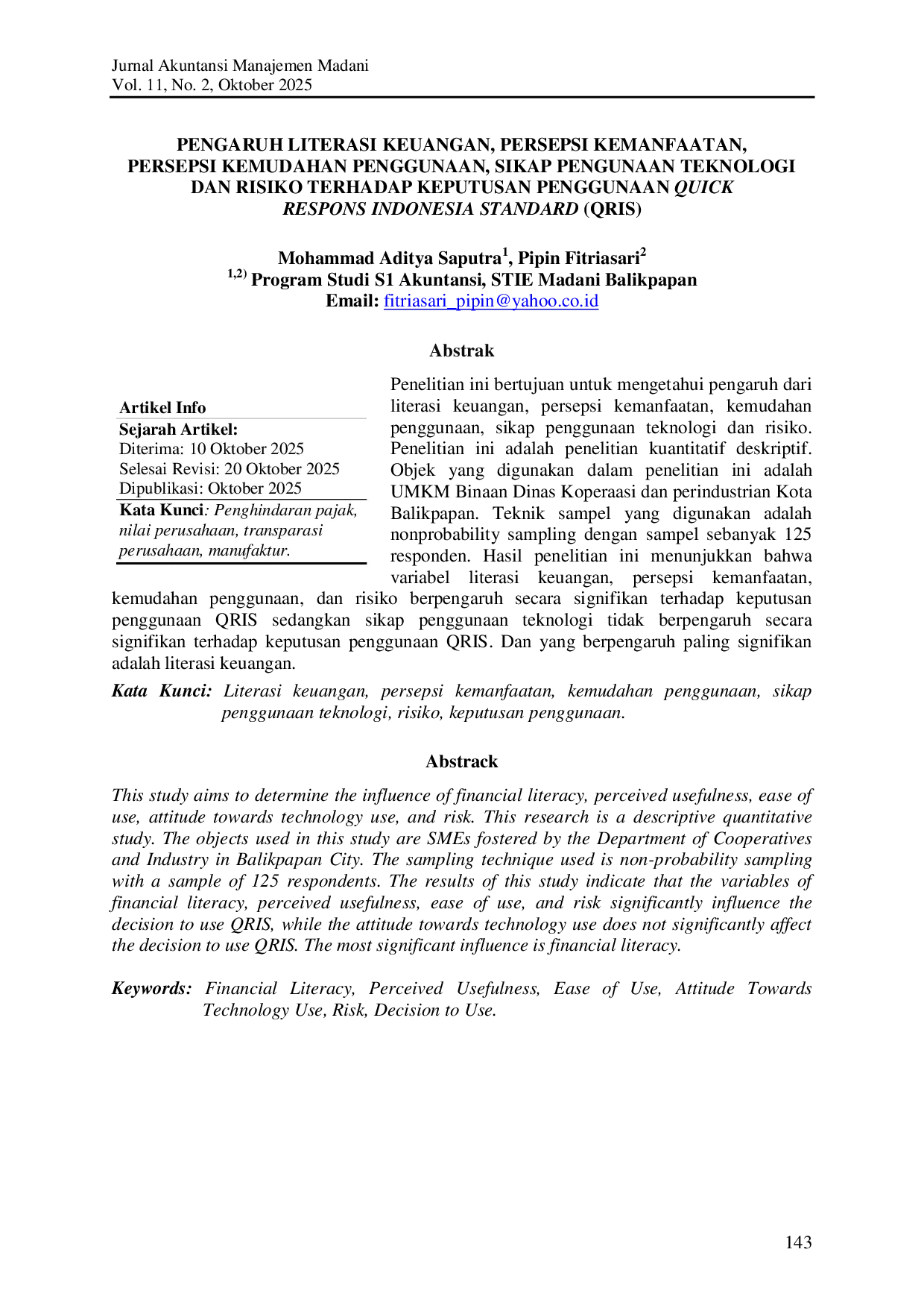 JURIS Pengaruh Literasi Keuangan Persepsi Kemanfaatan Persepsi Kemudahan Penggunaan Sikap Penggunaan Teknologi dan Risiko Terhadap Keputusan Penggunaan Quick Response Indonesia Standard QRIS