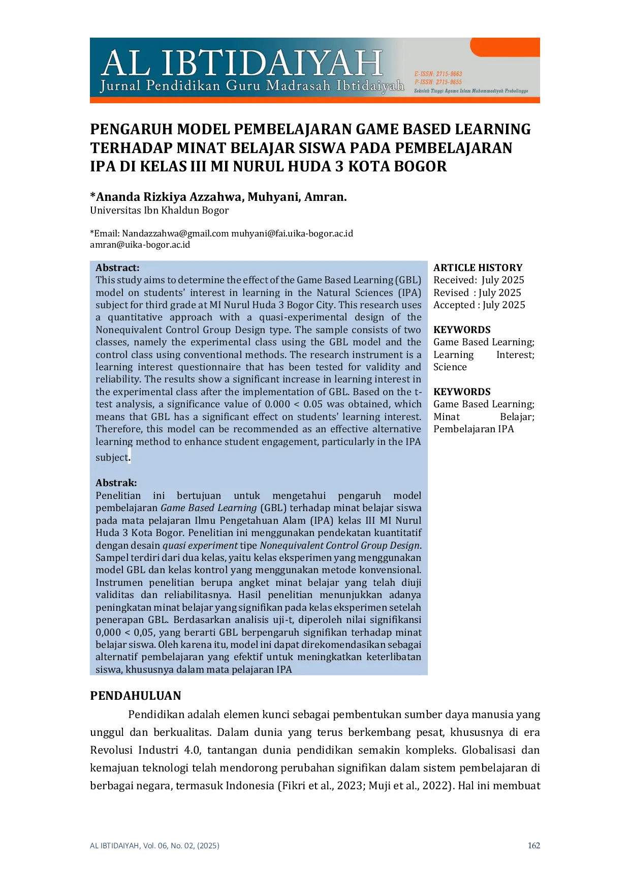 JURIS Pengaruh Model Pembelajaran Game Based Learning Terhadap Minat Belajar Siswa Pada Pembelajaran Ipa Di Kelas Iii Mi Nurul Huda 3 Kota Bogor