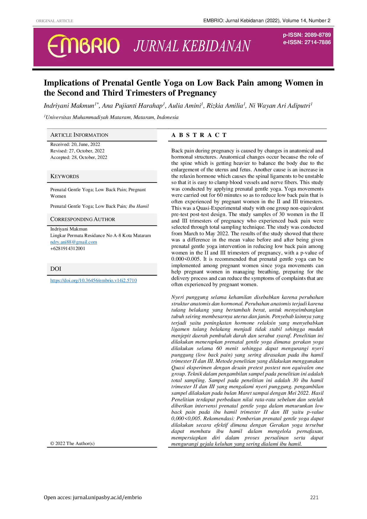JURIS Implications of Prenatal Gentle Yoga on Low Back Pain Among Women in the Second and Third Trimesters of Pregnancy