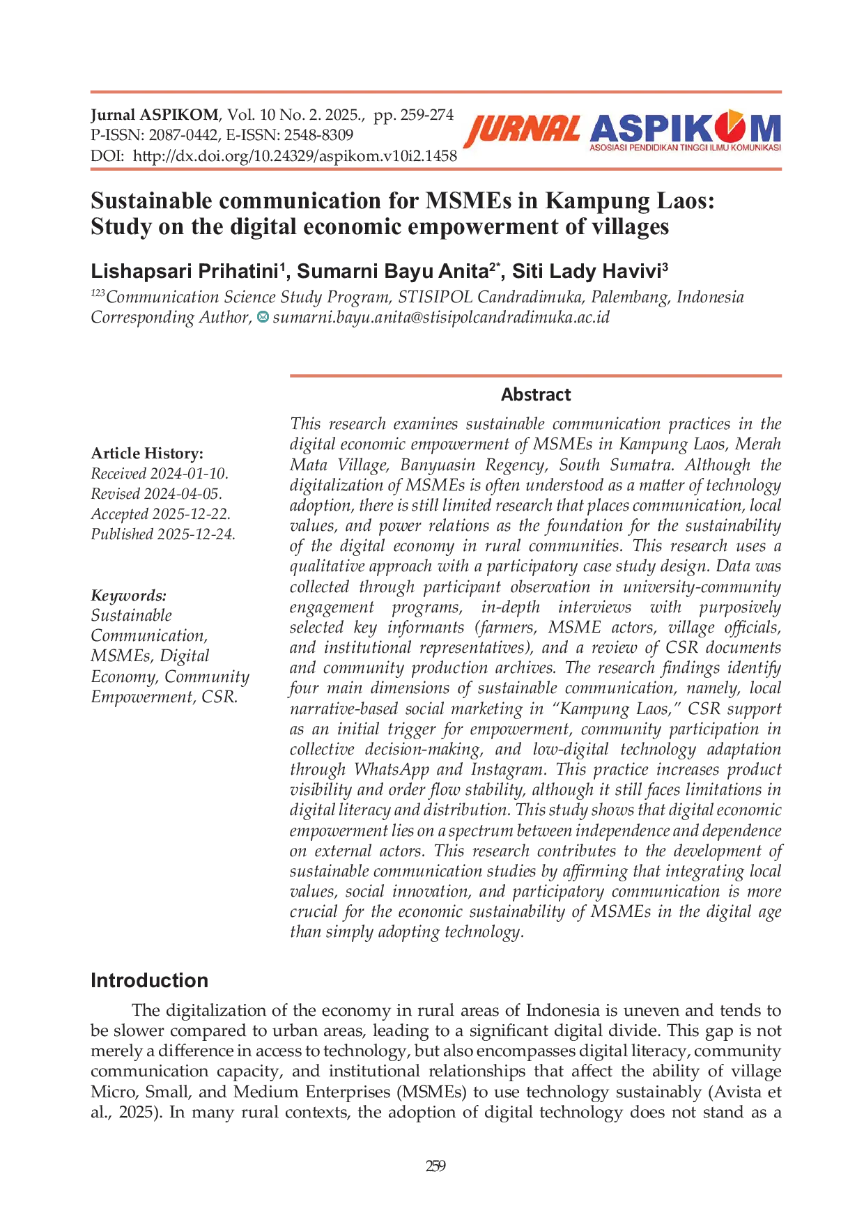 JURIS Sustainable communication for MSMEs in Kampung Laos Study on the digital economic empowerment of villages