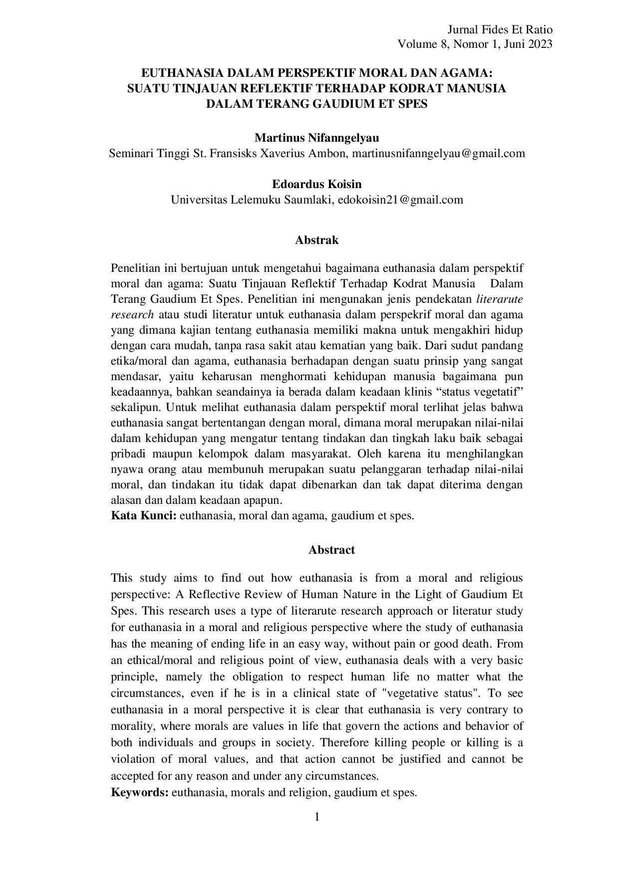 JURIS Euthanasia dalam Perspektif Moral dan Agama Suatu Tinjauan Reflektif Terhadap Kodrat Manusia dalam Terang Gaudium et Spes