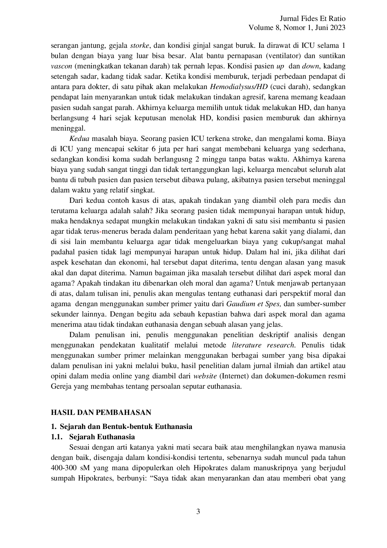 JURIS Euthanasia dalam Perspektif Moral dan Agama Suatu Tinjauan Reflektif Terhadap Kodrat Manusia dalam Terang Gaudium et Spes
