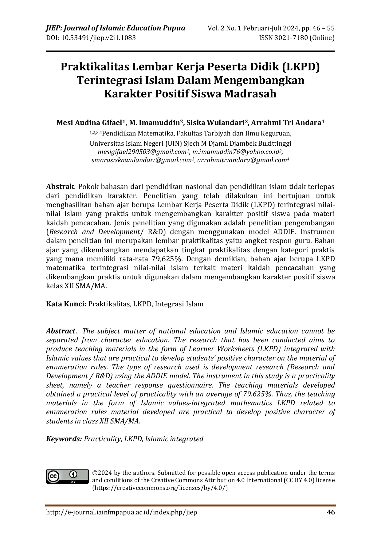 JURIS Praktikalitas Lembar Kerja Peserta Didik LKPD Terintegrasi Islam Dalam Mengembangkan Karakter Positif Siswa Madrasah