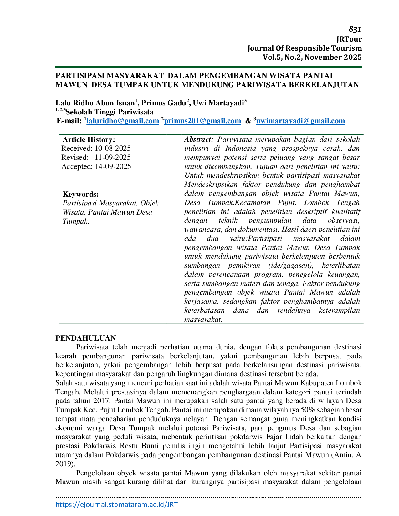 JURIS Partisipasi Masyarakat Dalam Pengembangan Wisata Pantai Mawun Desa Tumpak Untuk Mendukung Pariwisata Berkelanjutan