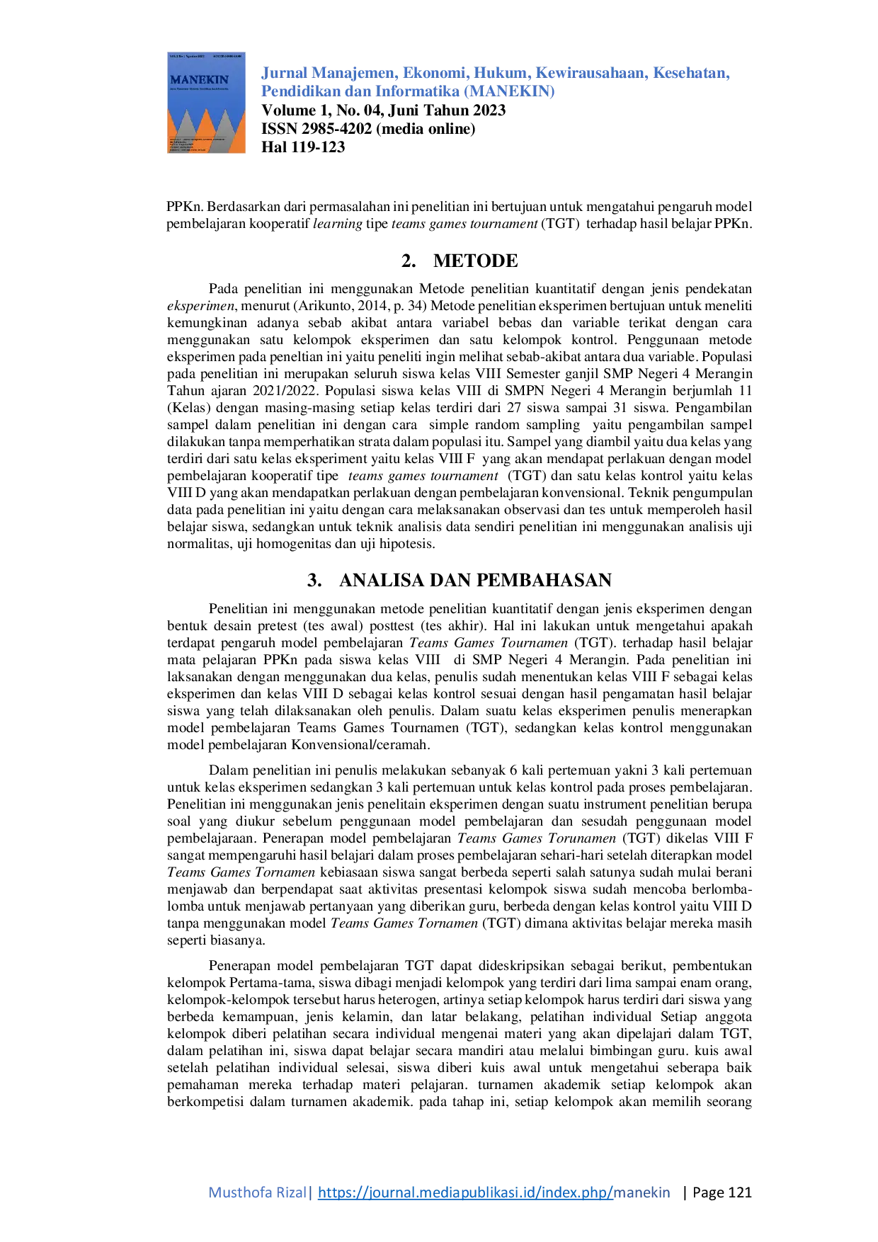 JURIS Pengaruh Model Pembelajaran Kooperatif Tipe Teams Games Tournamen TGT Dalam Meningkatkan Hasil Belajar PPKn