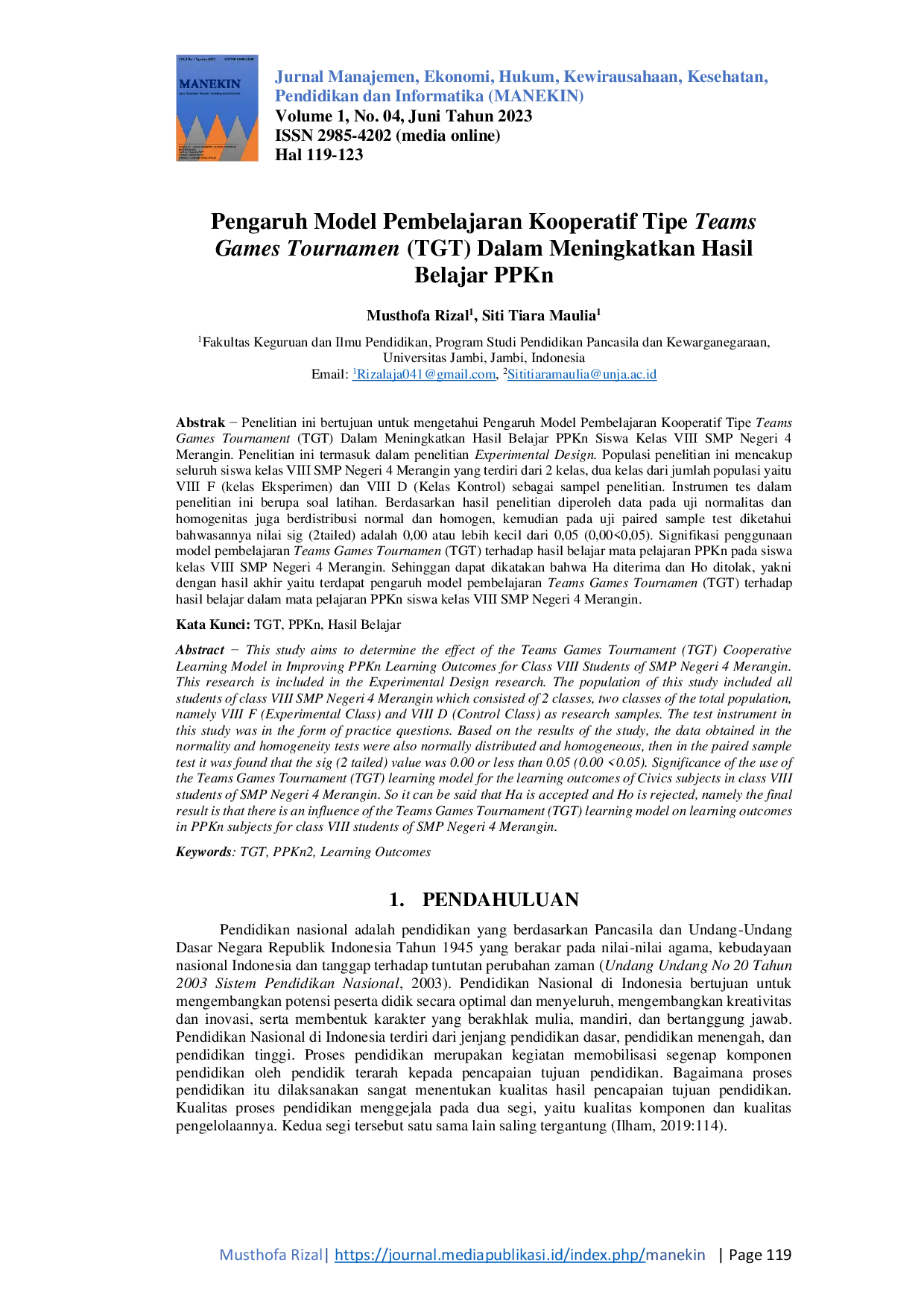 JURIS Pengaruh Model Pembelajaran Kooperatif Tipe Teams Games Tournamen TGT Dalam Meningkatkan Hasil Belajar PPKn