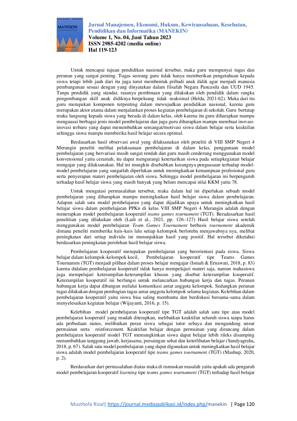 JURIS Pengaruh Model Pembelajaran Kooperatif Tipe Teams Games Tournamen TGT Dalam Meningkatkan Hasil Belajar PPKn