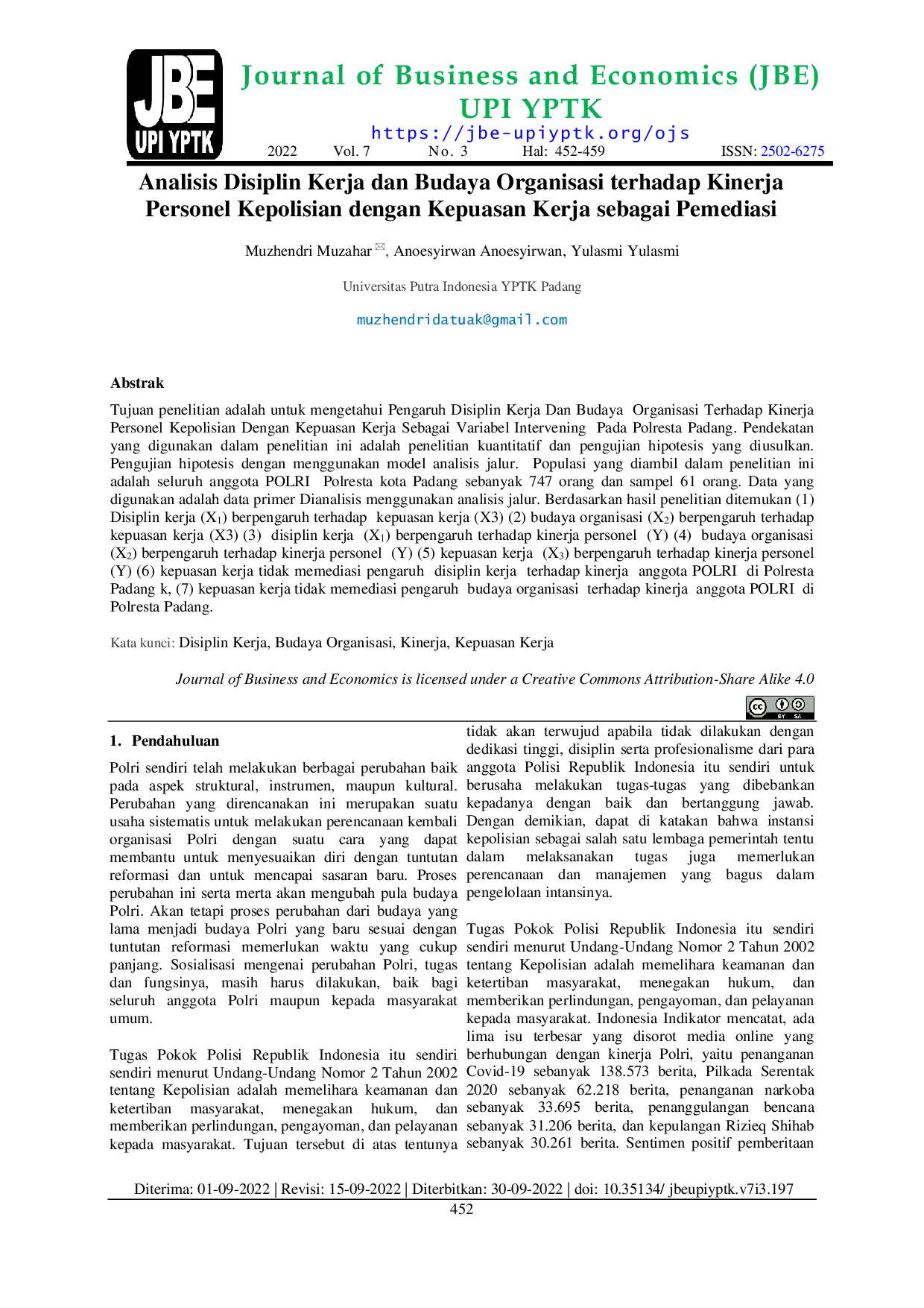 JURIS Analisis Disiplin Kerja dan Budaya Organisasi terhadap Kinerja Personel Kepolisian dengan Kepuasan Kerja sebagai Pemediasi