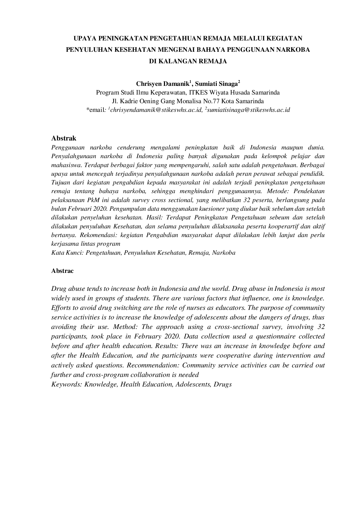 JURIS Upaya Peningkatan Pengetahuan Remaja Melalui Kegiatan Penyuluhan Kesehatan Mengenai Bahaya Penggunaan Narkoba Di Kalangan Remaja