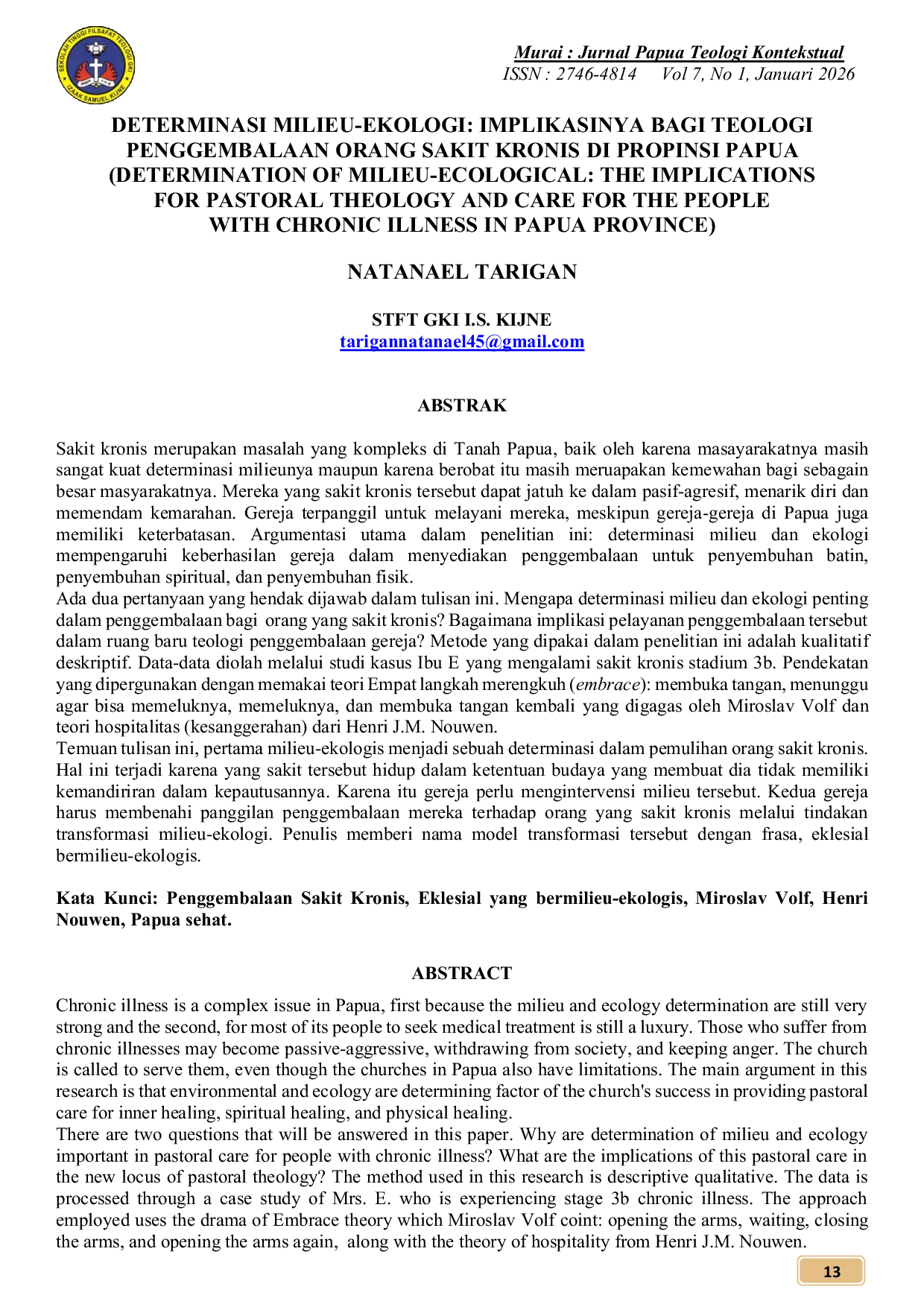 JURIS Determinasi Milieu Ekologi Implikasinya Bagi Teologi Penggembalaan Orang Sakit Kronis Di Propinsi Papua