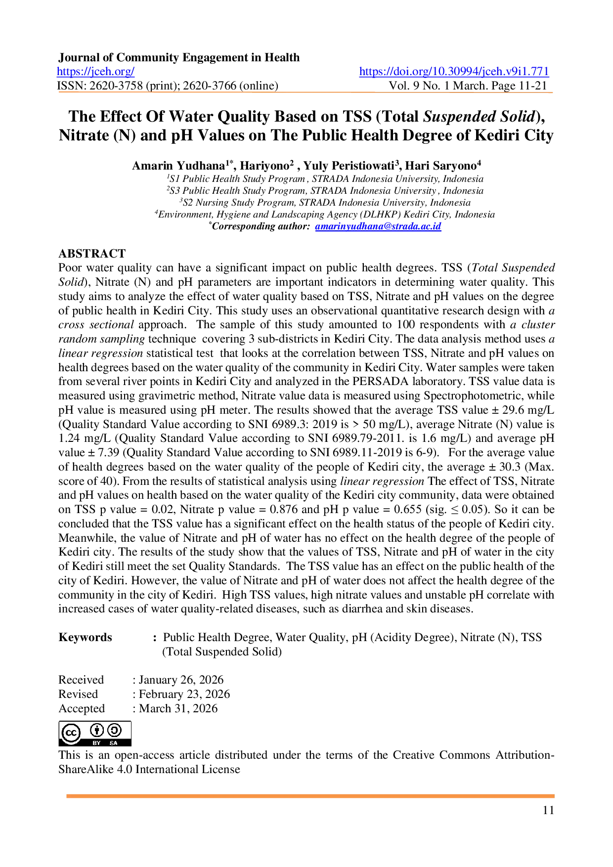JURIS The Effect Of Water Quality Based on TSS Total Suspended Solid Nitrate N and pH Values on The Public Health Degree of Kediri City