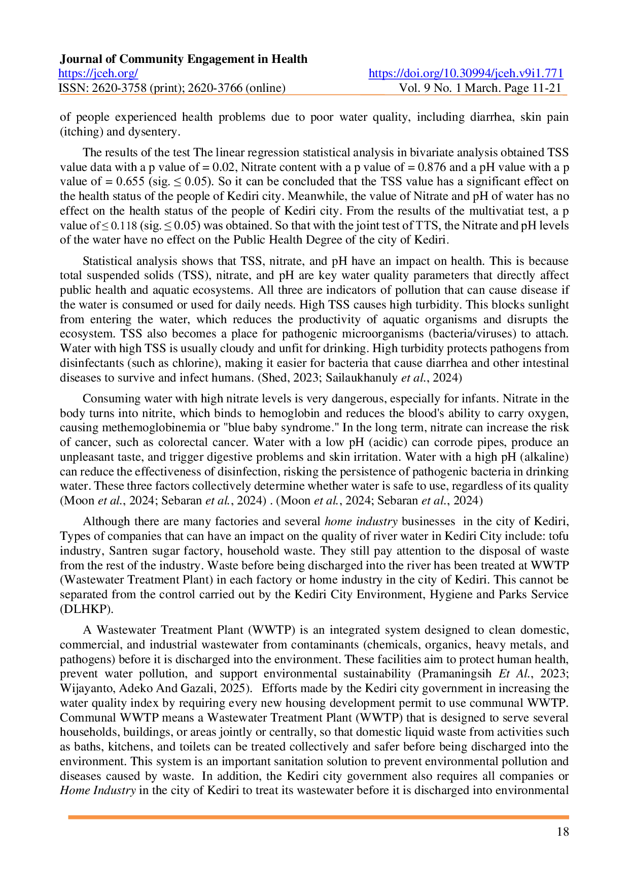 JURIS The Effect Of Water Quality Based on TSS Total Suspended Solid Nitrate N and pH Values on The Public Health Degree of Kediri City
