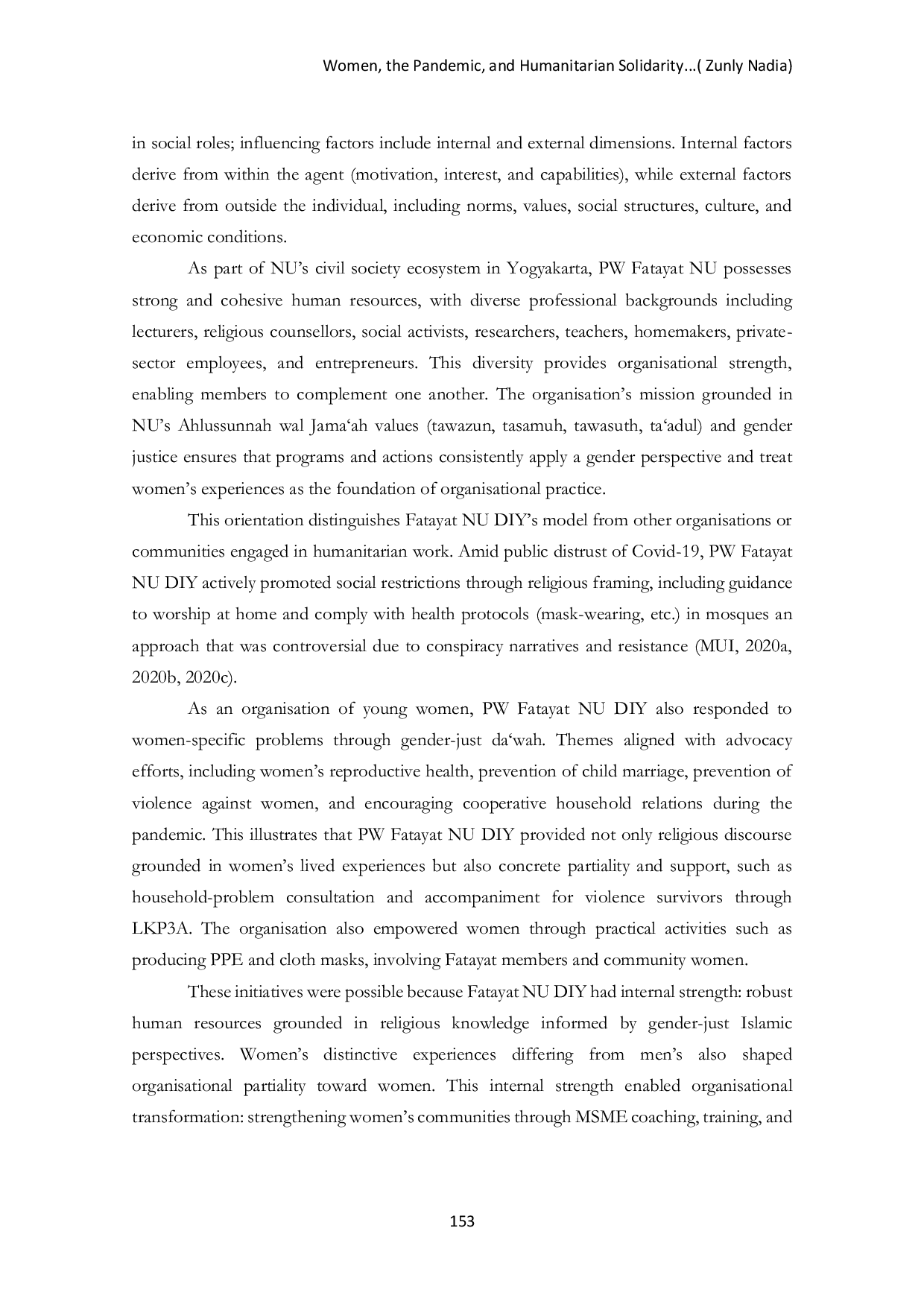JURIS Women the Pandemic and Humanitarian Solidarity A Study of Fatayat NU s Advocacy for Covid 19 Affected Communities in the Special Region of Yogyakarta