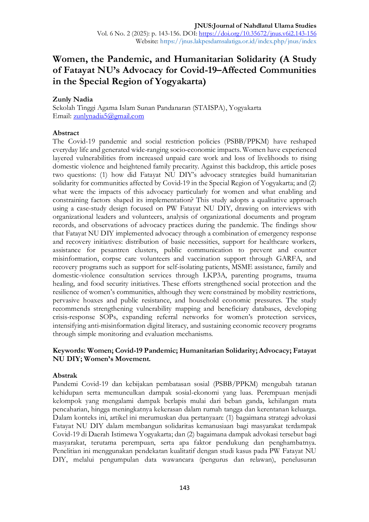 JURIS Women the Pandemic and Humanitarian Solidarity A Study of Fatayat NU s Advocacy for Covid 19 Affected Communities in the Special Region of Yogyakarta