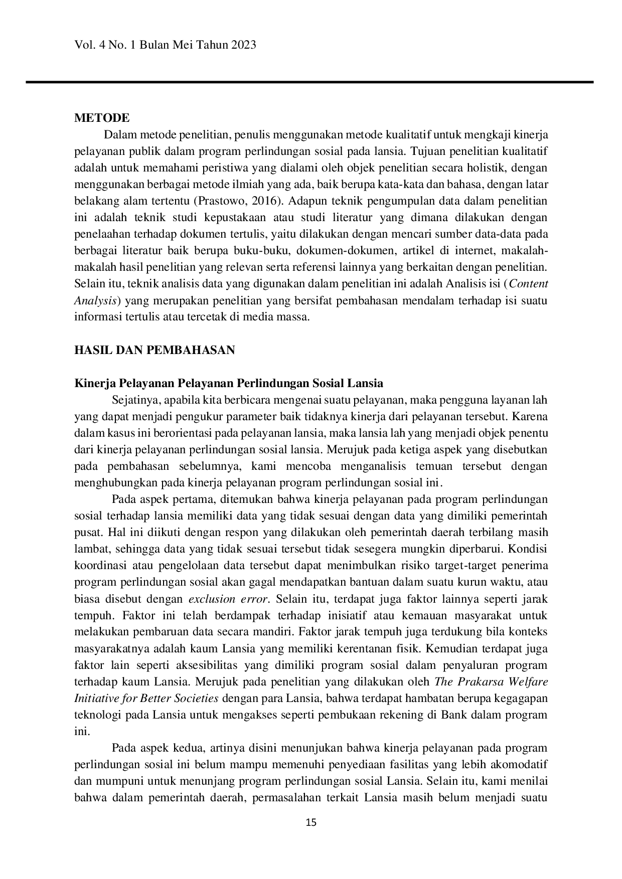 JURIS Analisis Kinerja Pelayanan Publik Dalam Studi Kasus Pelayanan Program Perlindungan Sosial Pada Lansia